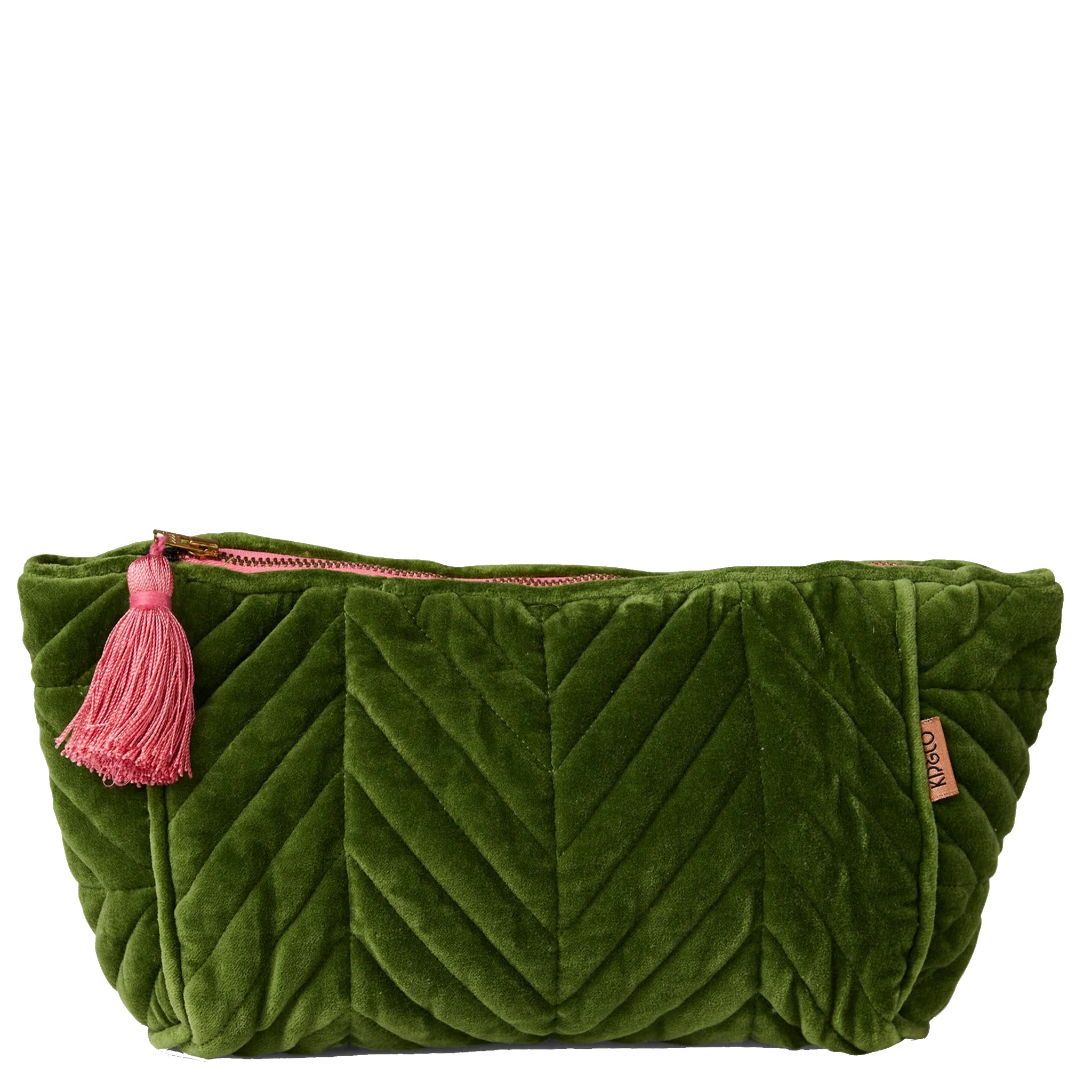 Green quilted toiletry bag with a pink tassel on a white background