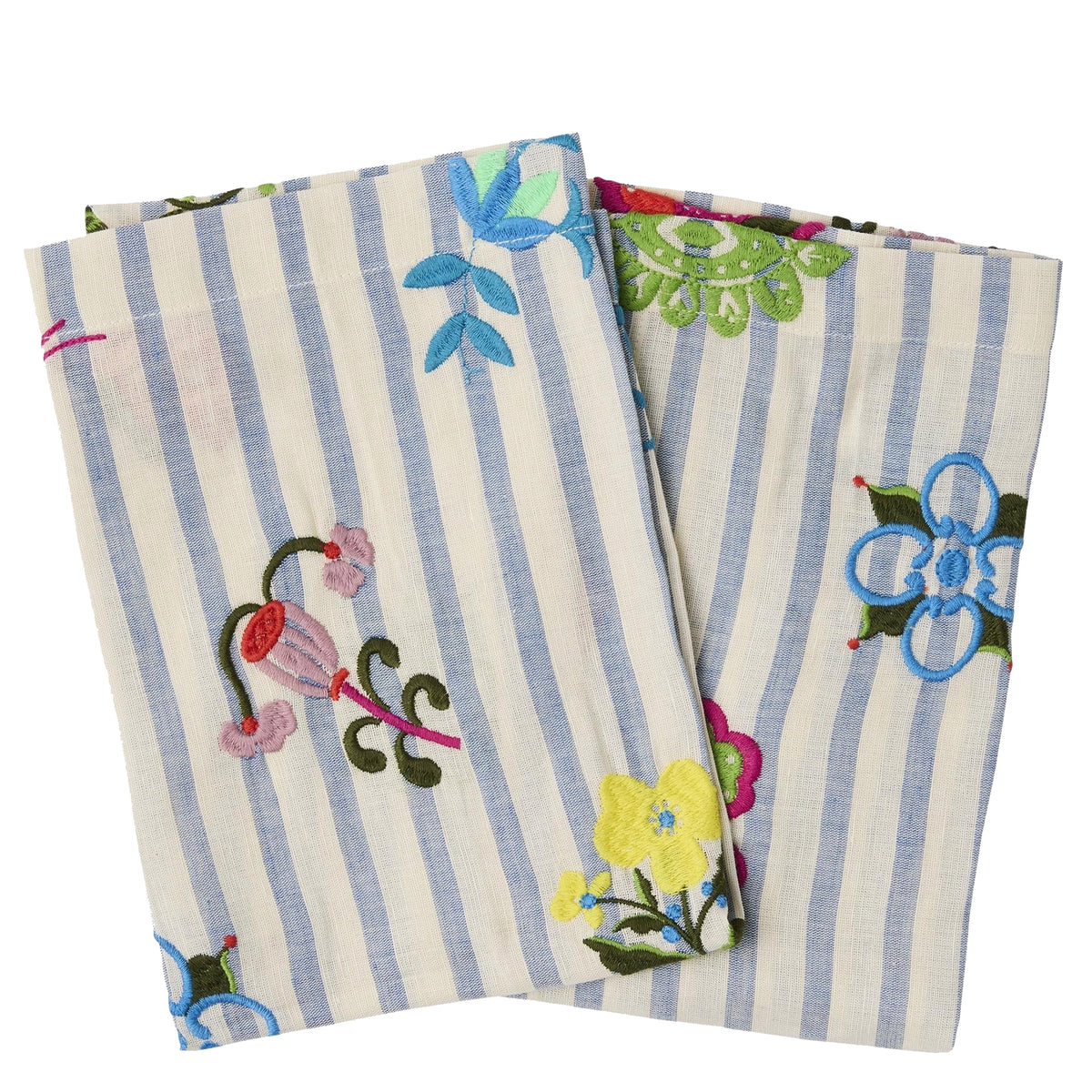 Kip & Co x Anna Spiro Embroidered Linen Napkin Set - Malabar Floral, two folded napkins with floral embroidery on blue stripe