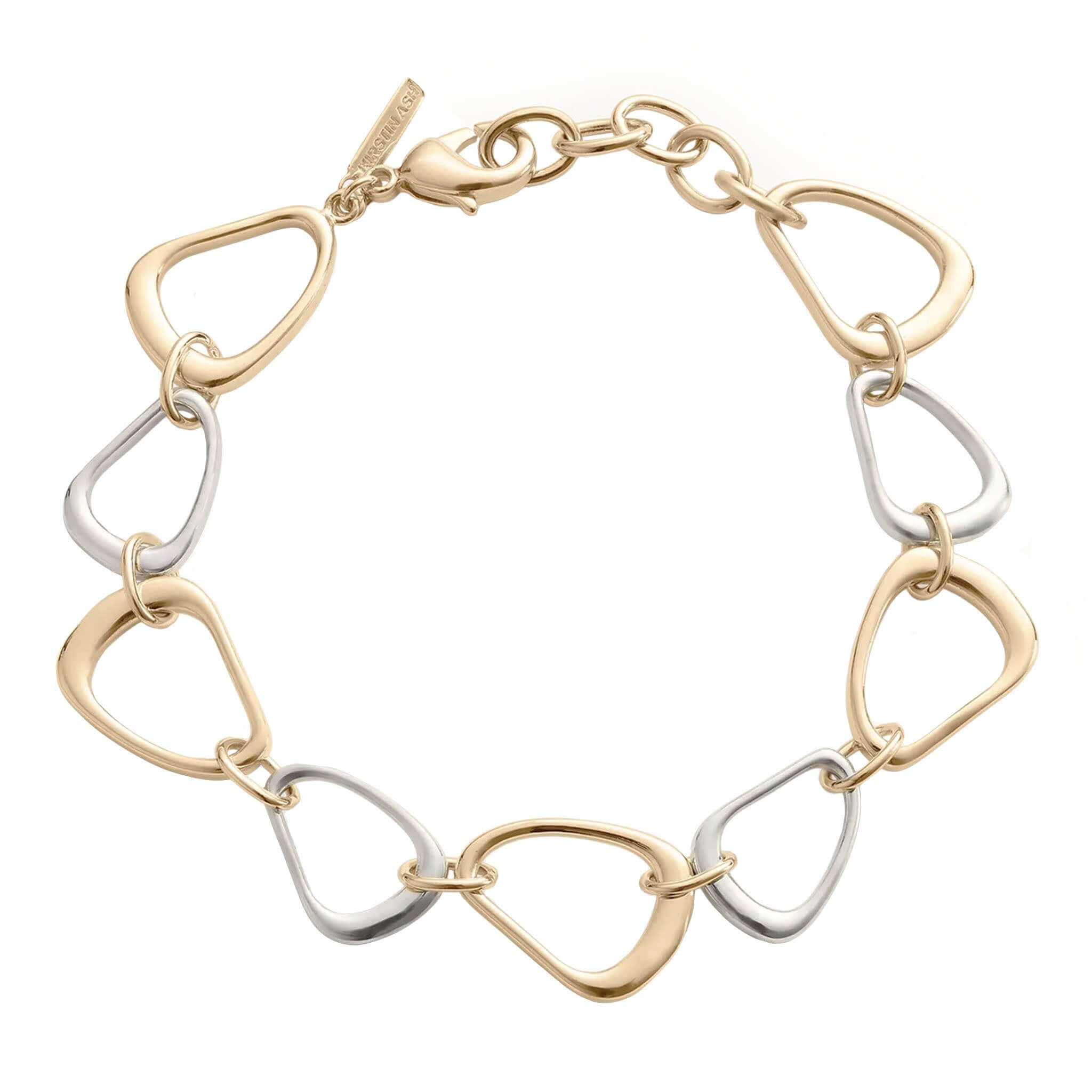 Alt Tag: Kirstin Ash Within Motion Collection Flux Bracelet mixed metal gold and silver link chain bracelet with organic fluid shapes