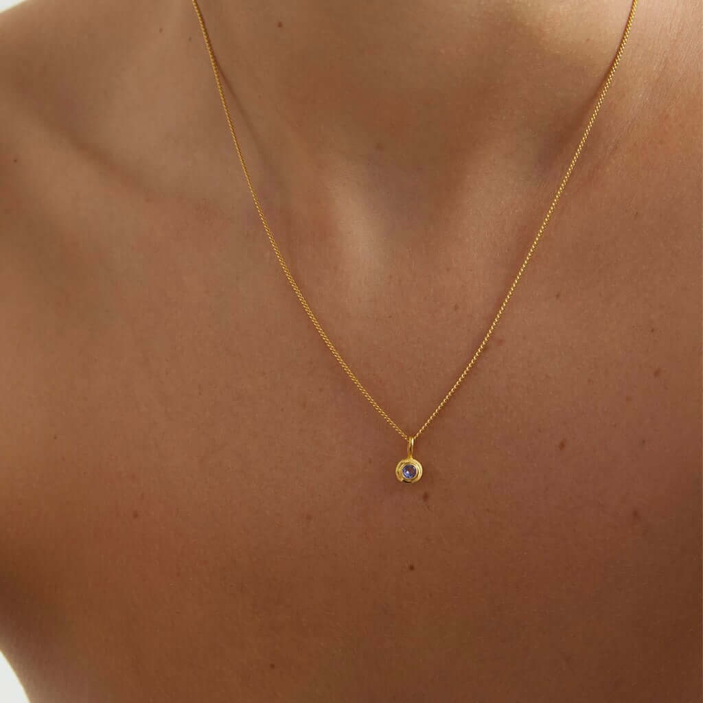 Kirstin Ash Birthstone Collection - December / Tanzanite gold vermeil necklace with tanzanite charm pendant on model