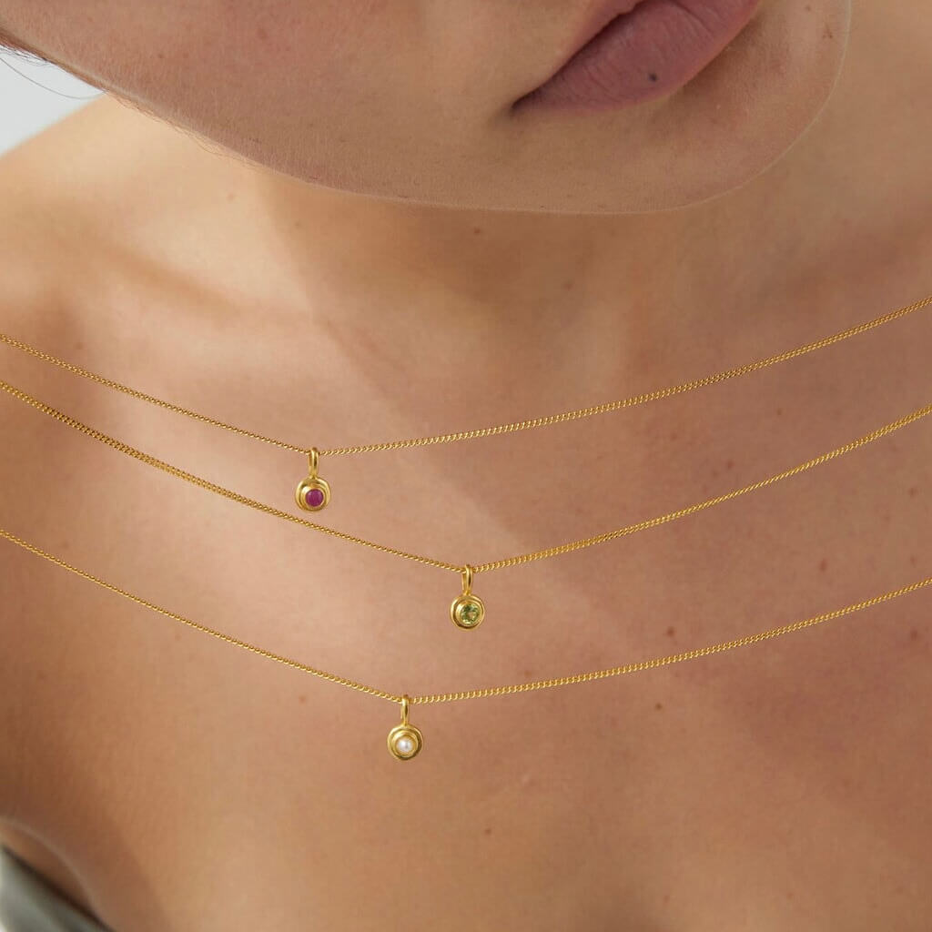 Alt Tag: Kirstin Ash Birthstone Collection Charm - June / Freshwater Pearl gold vermeil necklace charm layered on model