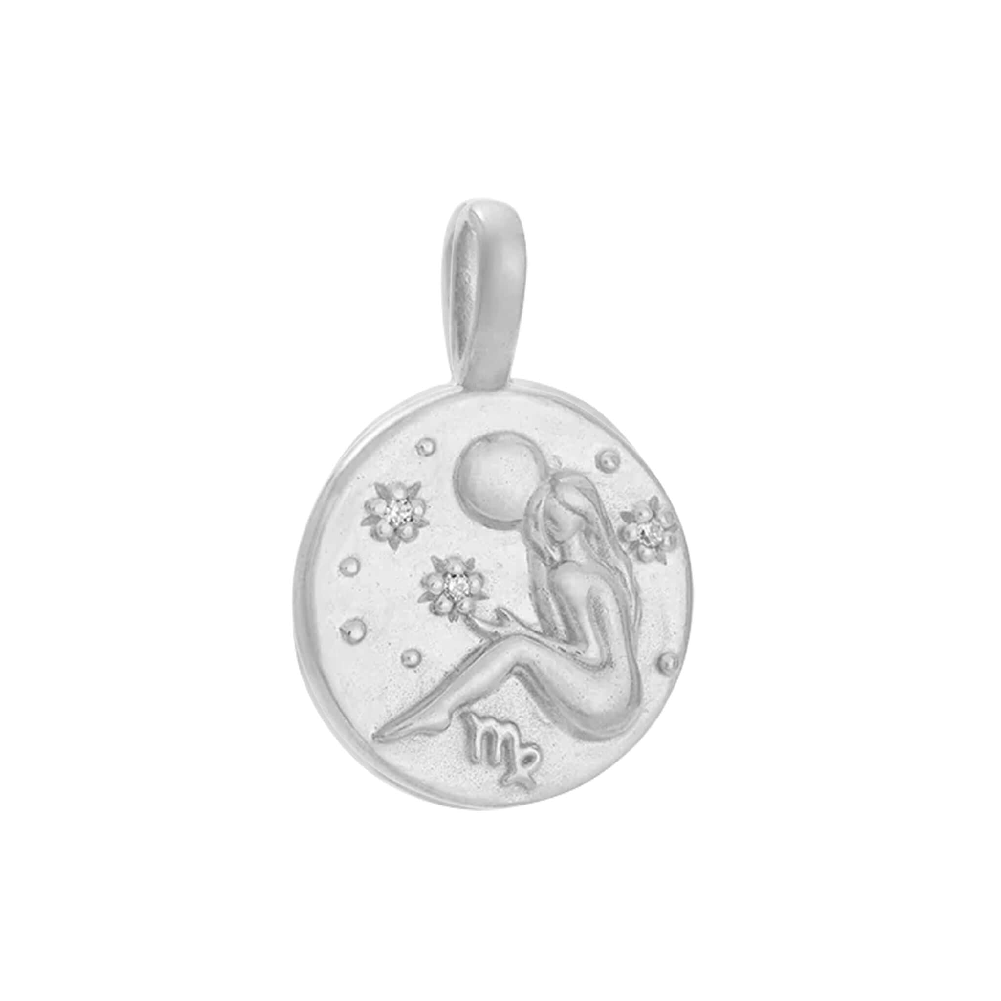 Alt Tag: Kirstin Ash Petite Zodiac Charm - Virgo Sterling Silver pendant, petite round charm with Virgo symbol and constellation engraving