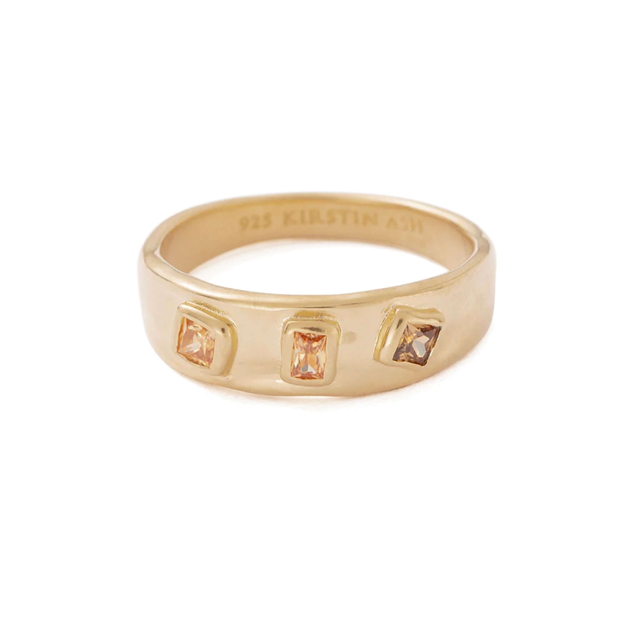 Alt Tag: Kirstin Ash Sun Lines Collection - Sun Dance Ring with trio of ochre crystals, 18K gold plated vermeil band