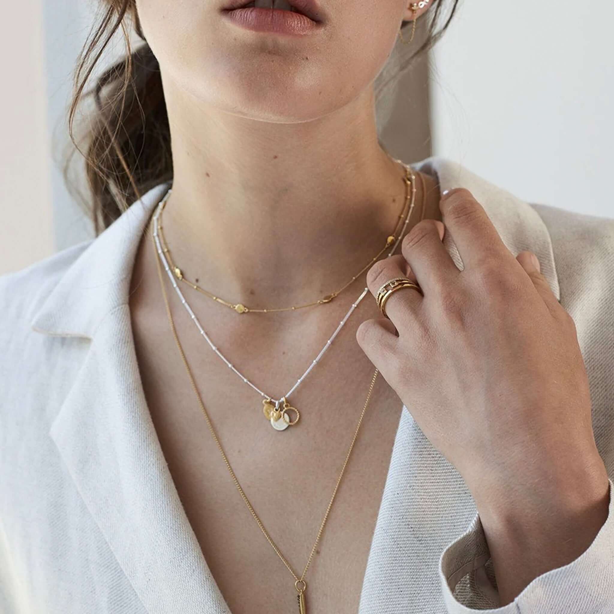 Alt Tag: Kirstin Ash Bespoke Collection Ball Chain - Sterling Silver layered necklace on model, delicate ball chain jewelry