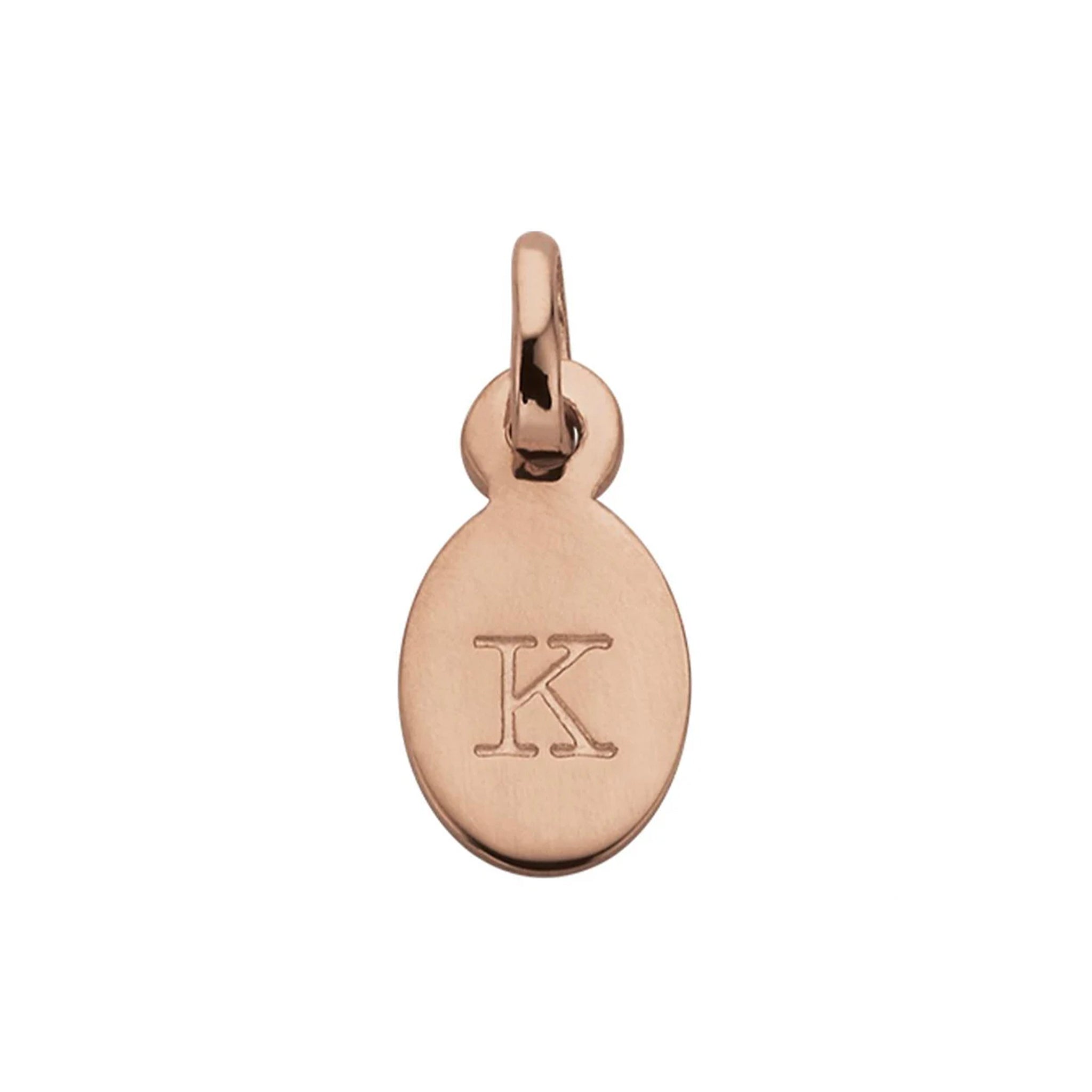 Rose gold pendant with the letter 'K' on a white background