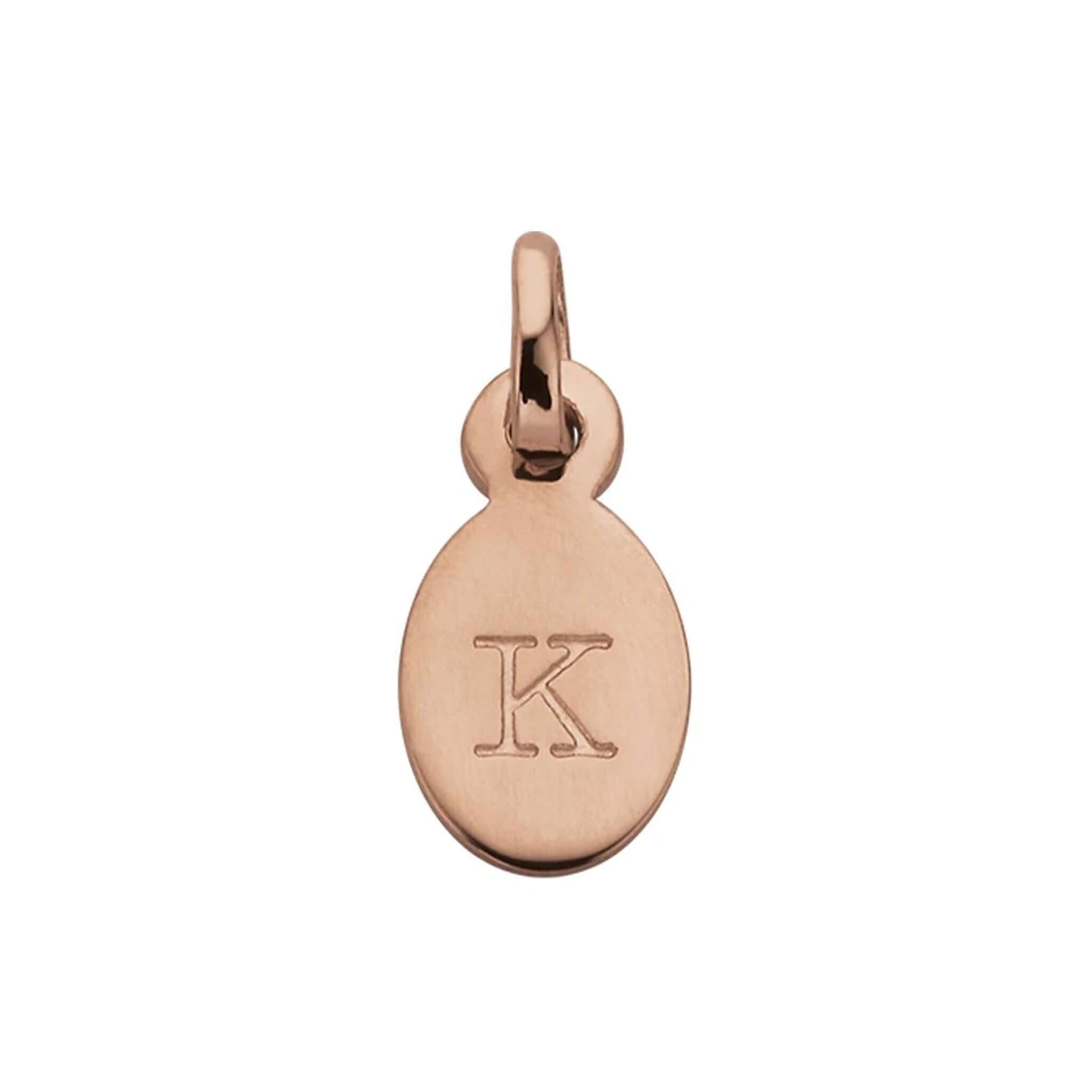 Alt Tag: Kirstin Ash Bespoke Collection Letter K Oval Initial - 18k Rose Gold Vermeil charm, oval pendant with engraved K