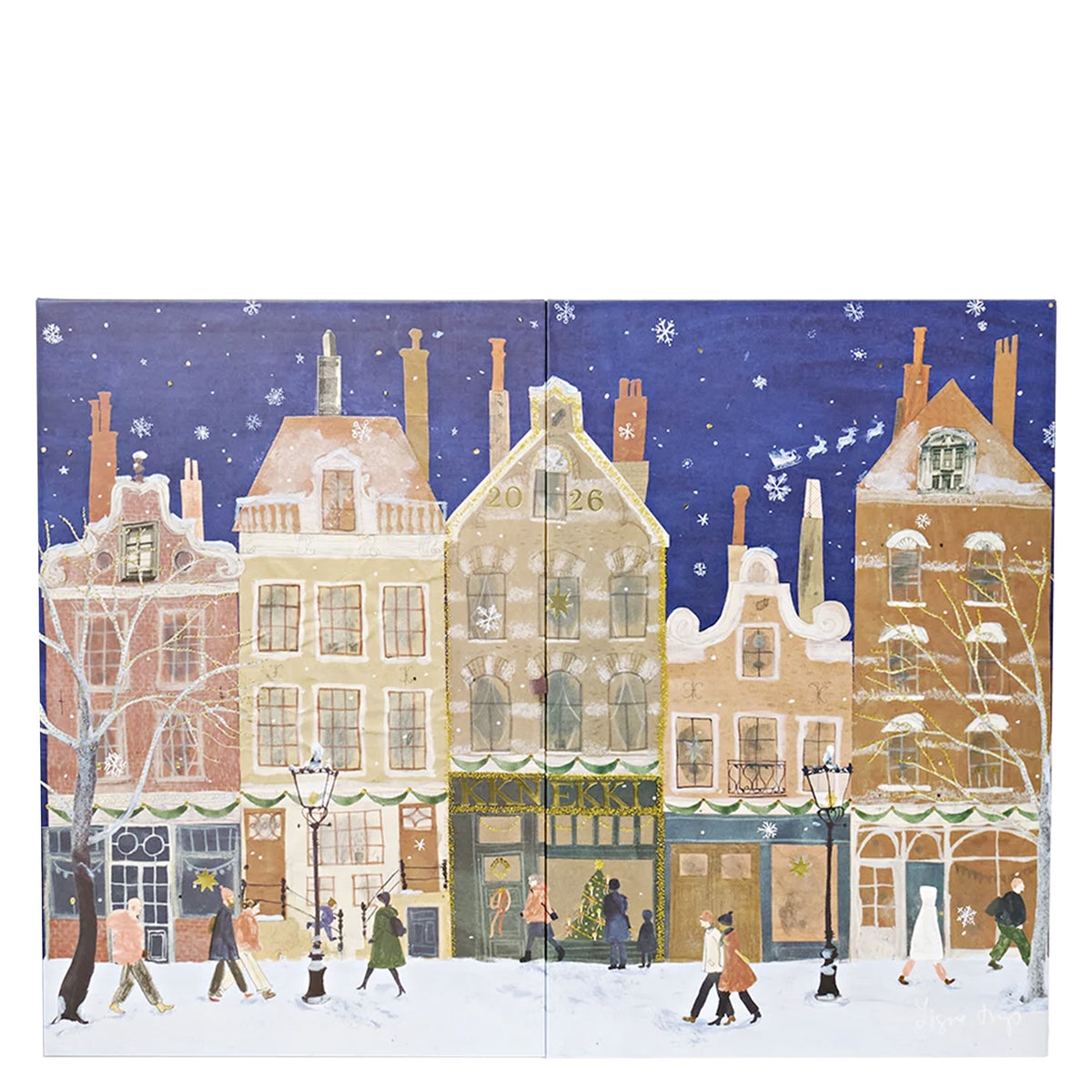 Kknekki Hair Tie 2026 Christmas Calendar, closed box front with illustrated snowy Amsterdam canal houses