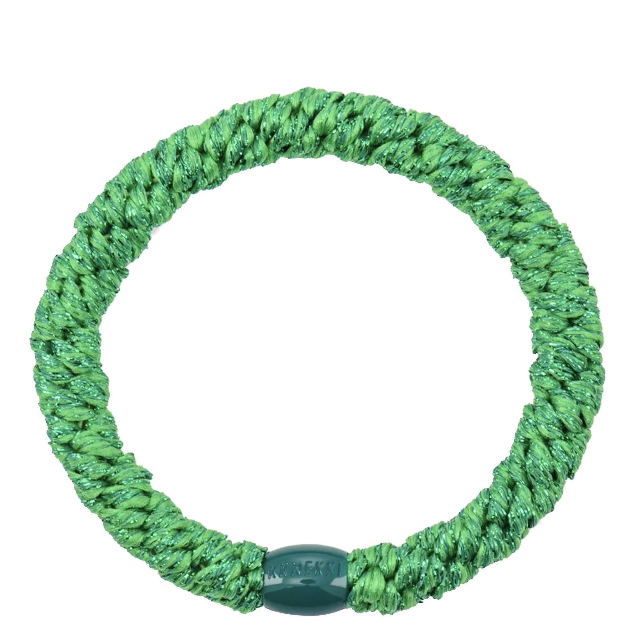 Alt Tag: Kknekki Hair Tie - Esmeralda Glitter green woven glitter hair tie, no-damage strong hold, waterproof and fade-resistant
