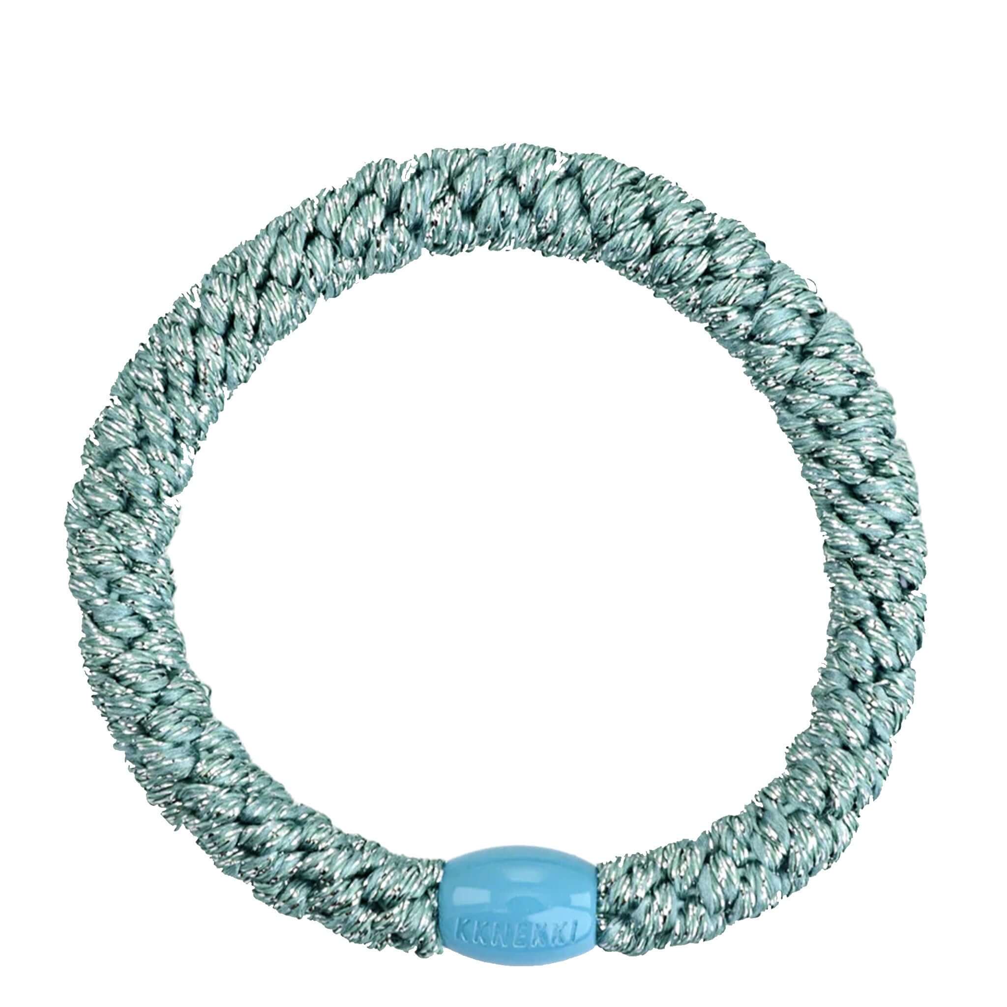 Alt Tag: Kknekki Hair Tie - Green Silver Glitter woven waterproof no-damage hair elastic with recycled bead, strong comfortable hold