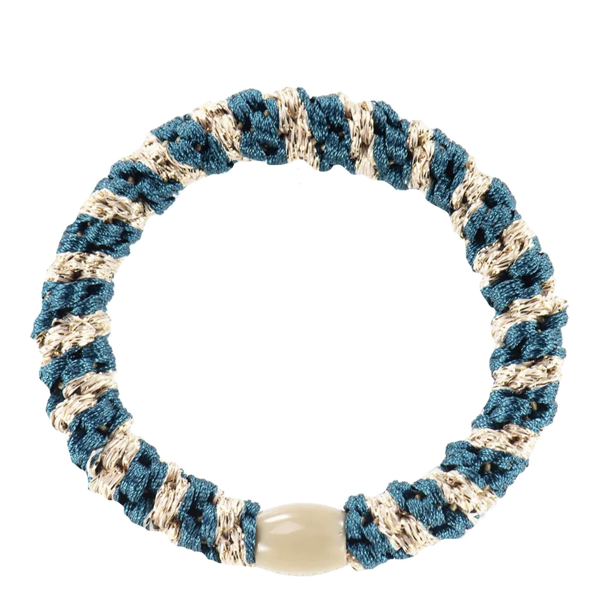 Kknekki Hair Tie - Light Petrol & Beige Glitter Stripe, stylish, strong, comfortable, and sustainable hair accessory.