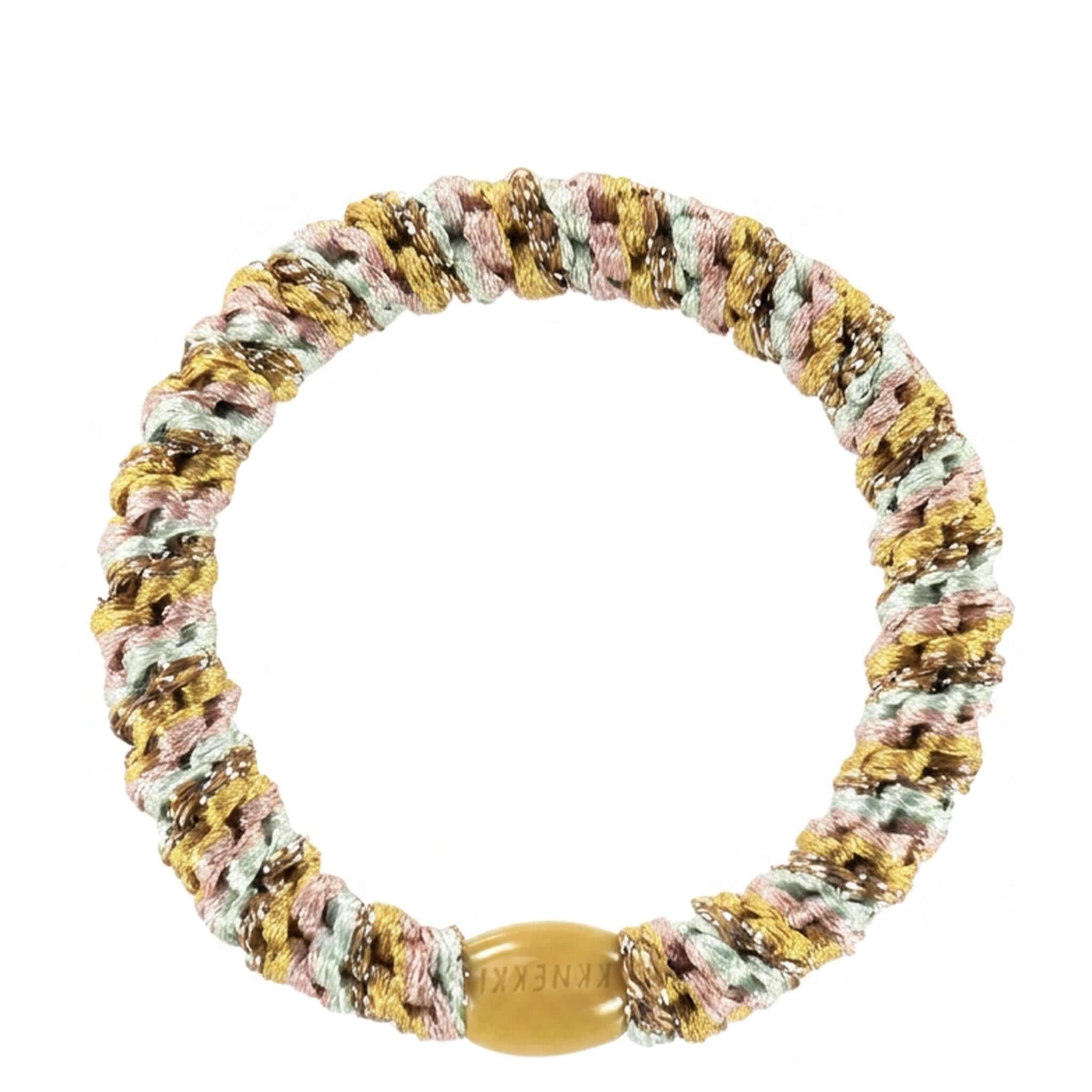 Kknekki Hair Tie - Mix Mustard Pink, woven hair accessory in mustard and pink colors, designed for a no-damage hold.