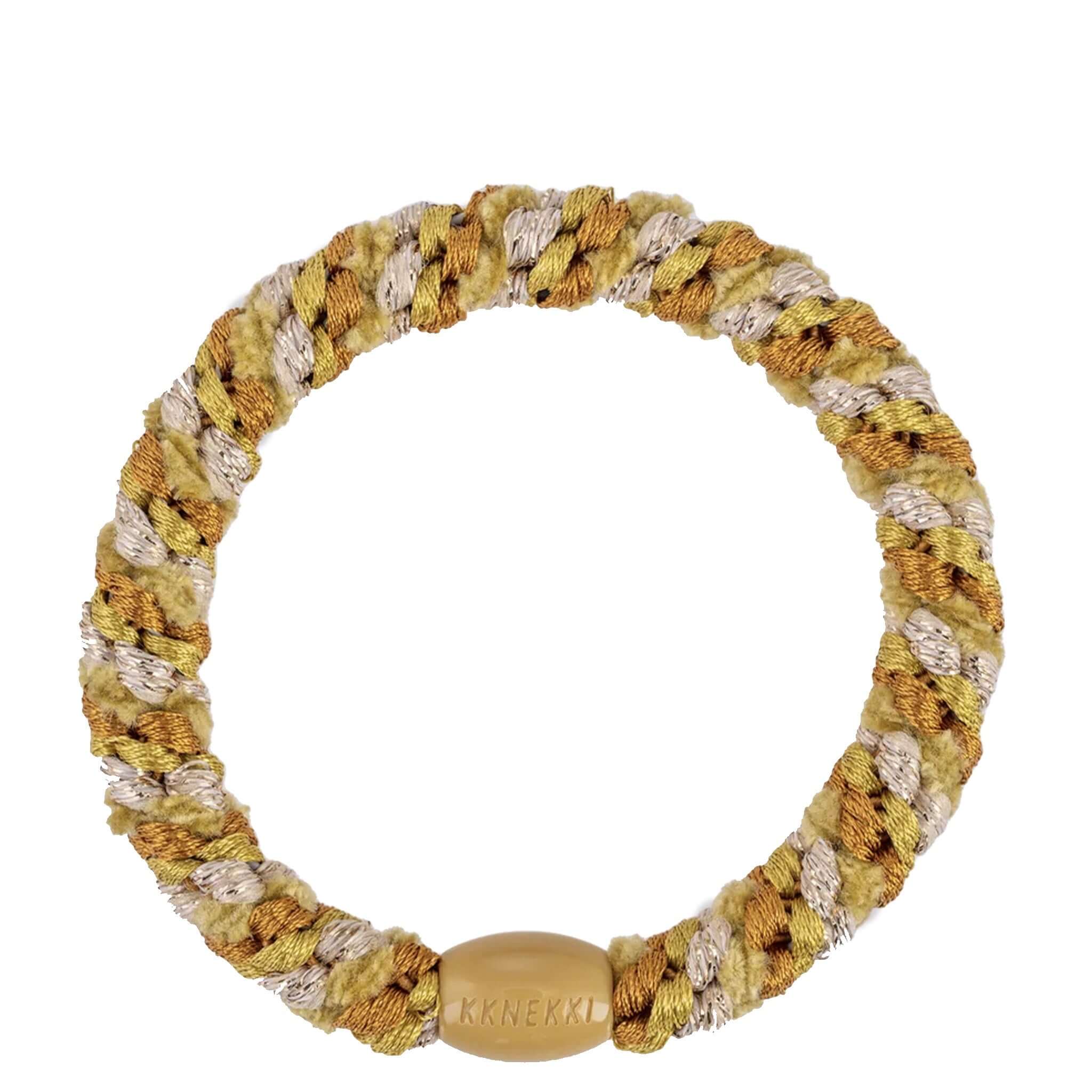 Alt Tag: Kknekki Hair Tie - Mustard Velvet Mix woven waterproof no-damage hair elastic with recycled plastic bead