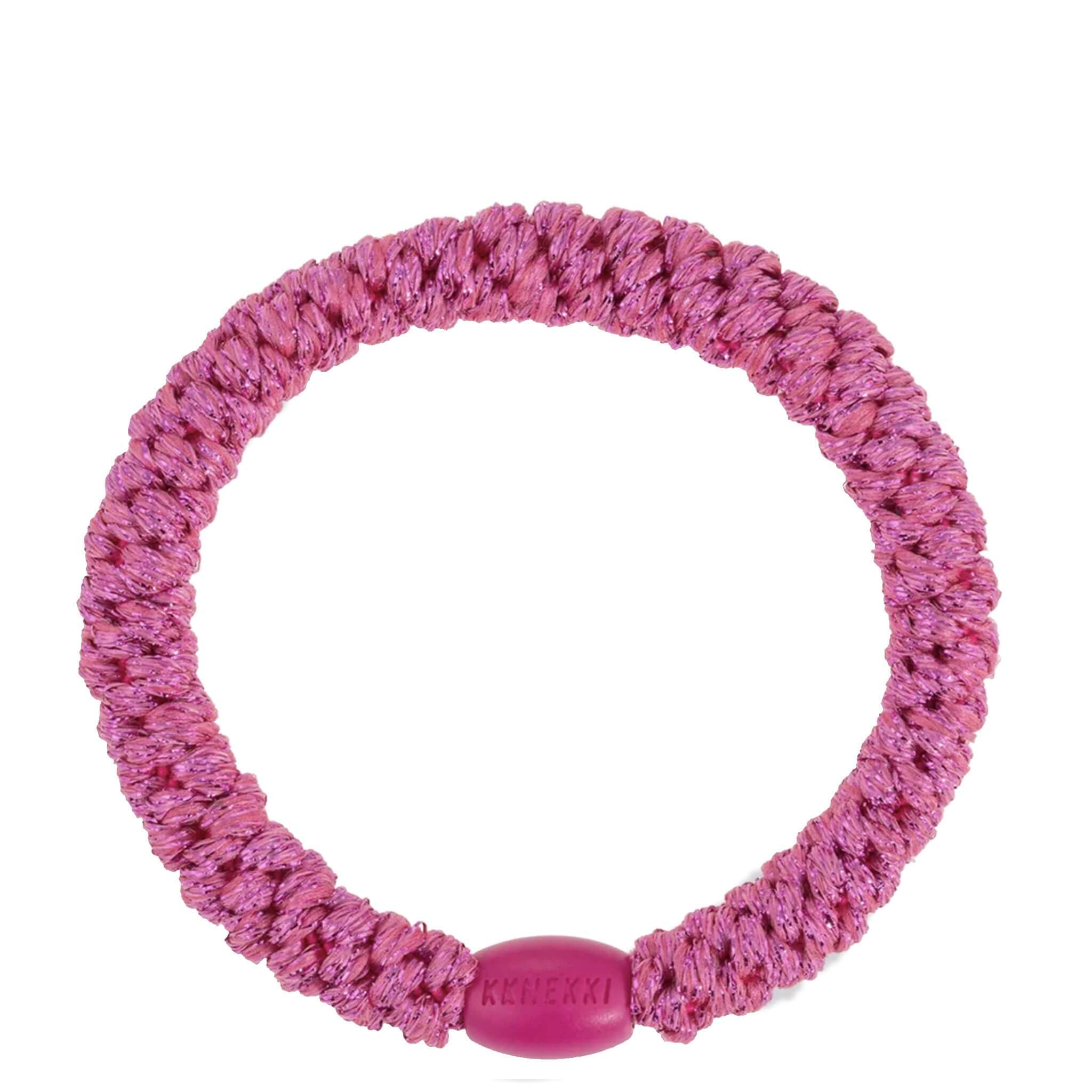 Alt Tag: Kknekki Hair Tie - Strong Pink Glitter woven waterproof no-damage hair elastic with recycled plastic bead