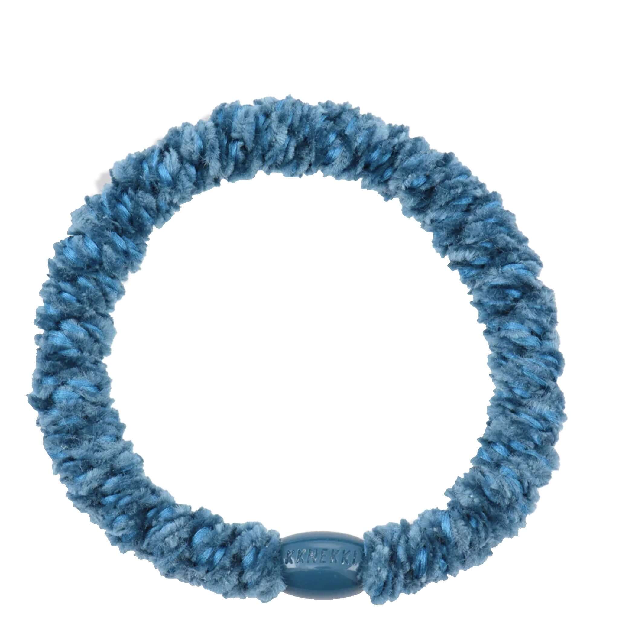 Alt Tag: Kknekki Hair Tie - Velvet Air Force blue velvet woven hair tie with recycled bead, strong no-damage hold, waterproof
