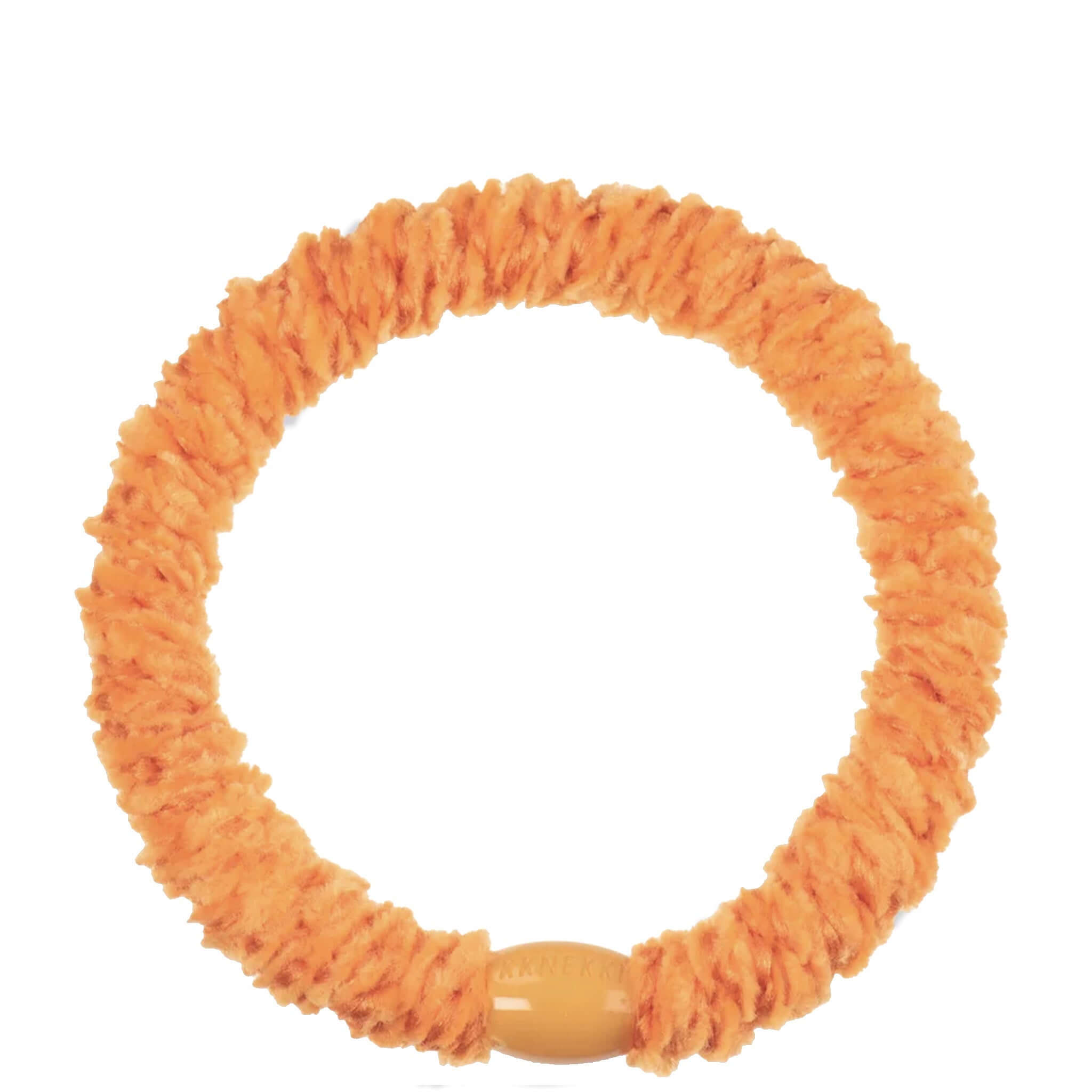 Alt Tag: Kknekki Hair Tie - Velvet Orange velvet woven hair tie with no-damage hold, waterproof and fade-resistant, recycled bead