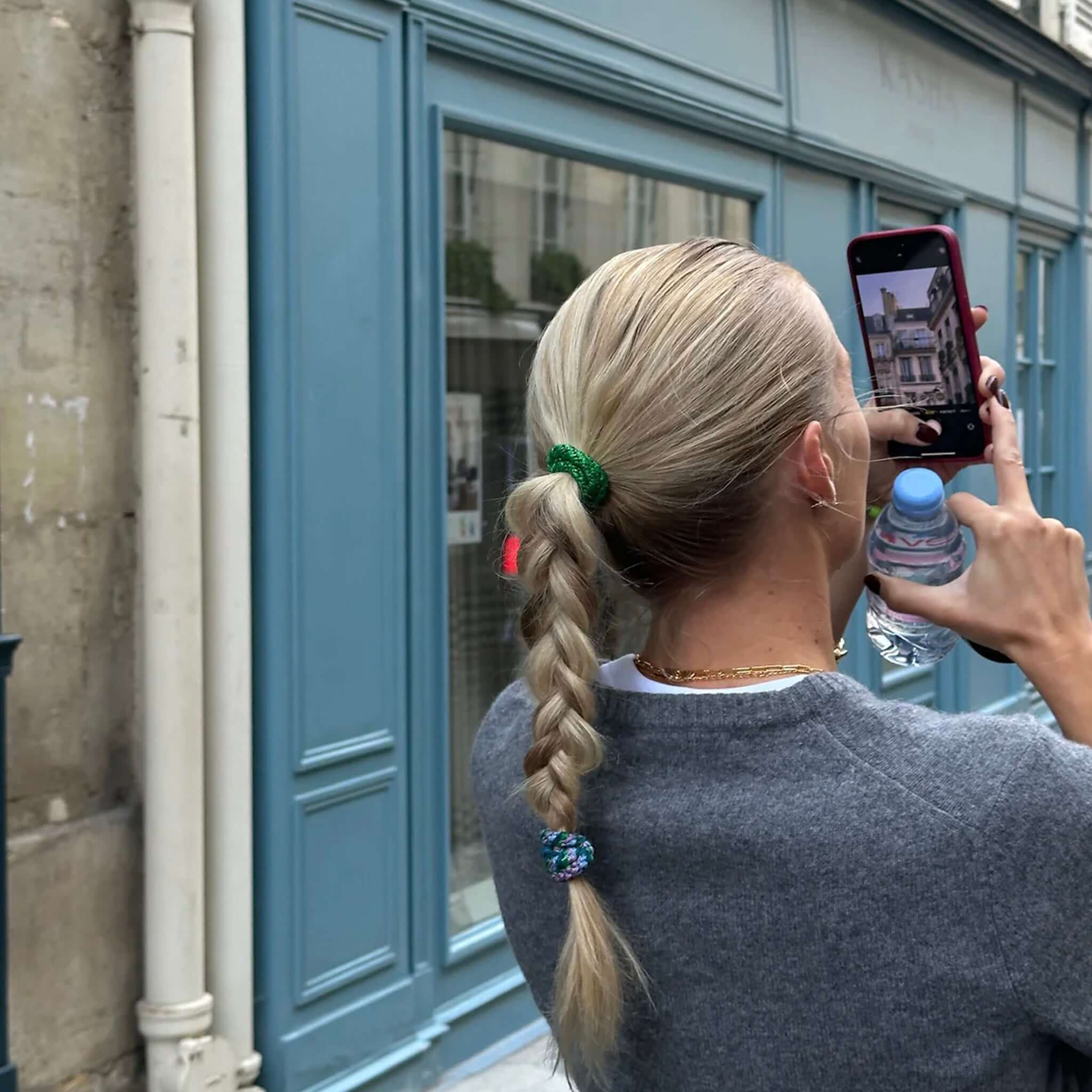 Alt Tag: Kknekki Hair Tie - Peppermint Faded Rose Mix woven hair tie on braided ponytail, strong no-damage hold, waterproof fade-resistant