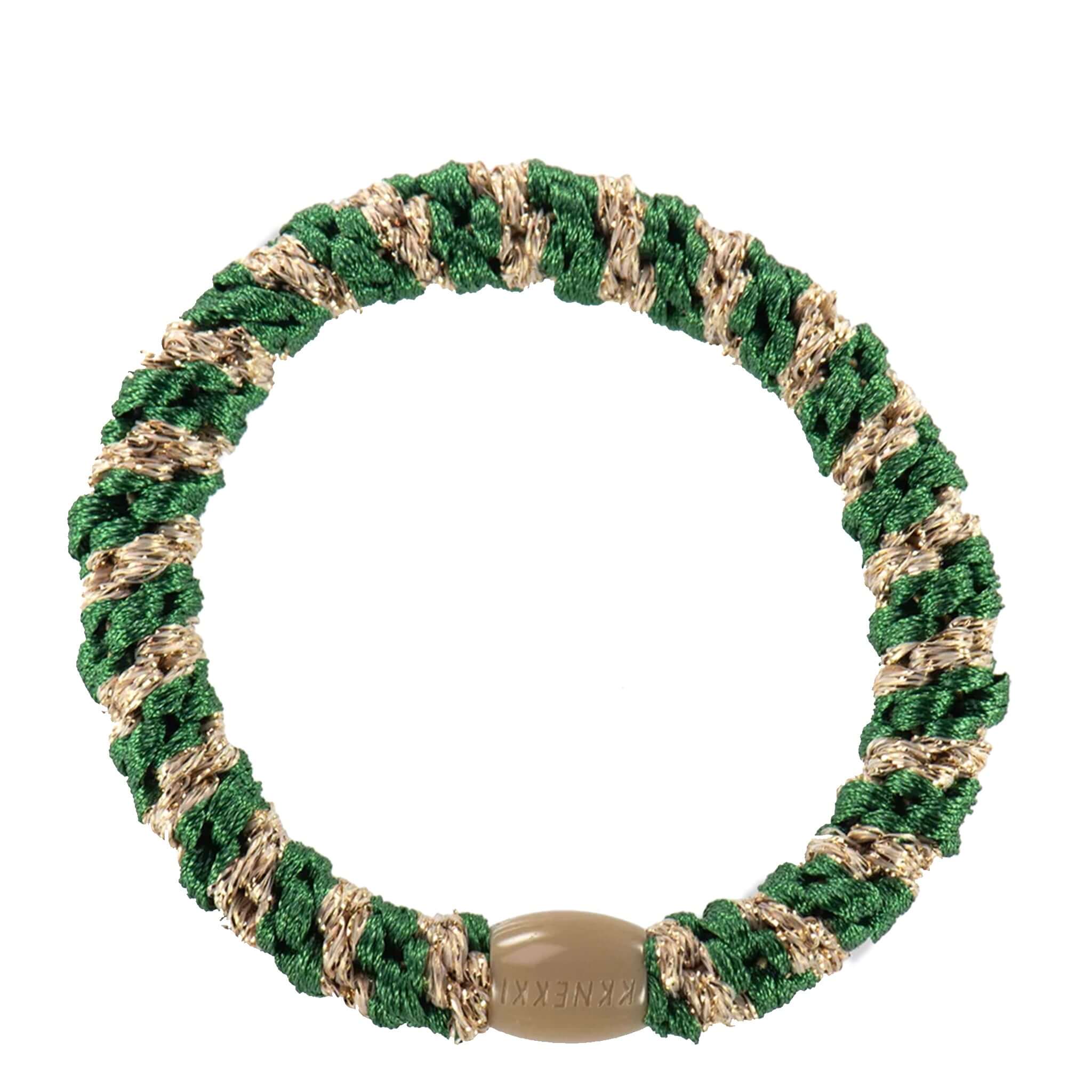Kknekki Hair Tie - Forest Green & Beige Glitter Stripe featuring a durable, no-damage hold for everyday use.