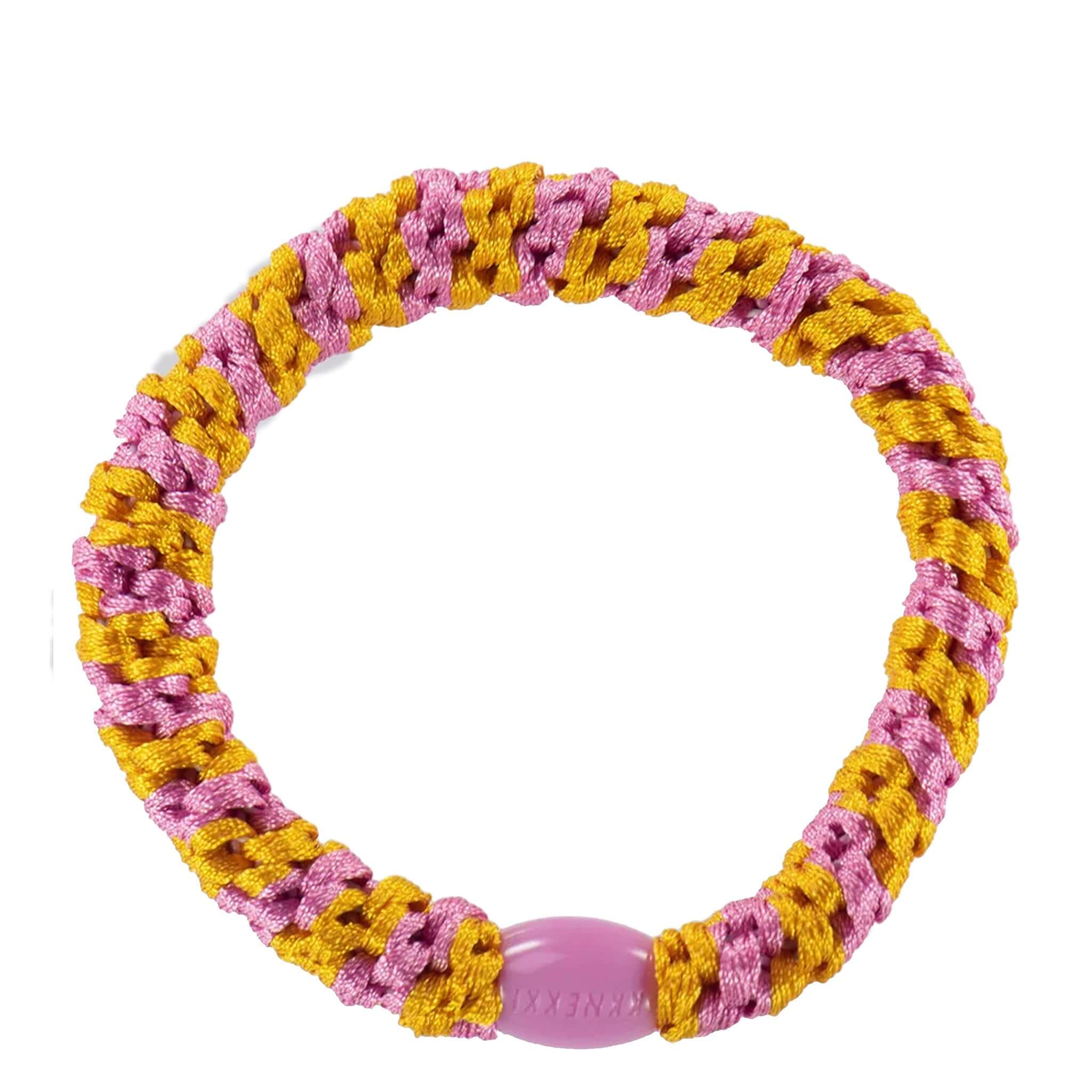 Kknekki Hair Tie - Jaffa Bubblegum Stripe with woven design in pink and yellow, offering no-damage hair hold.