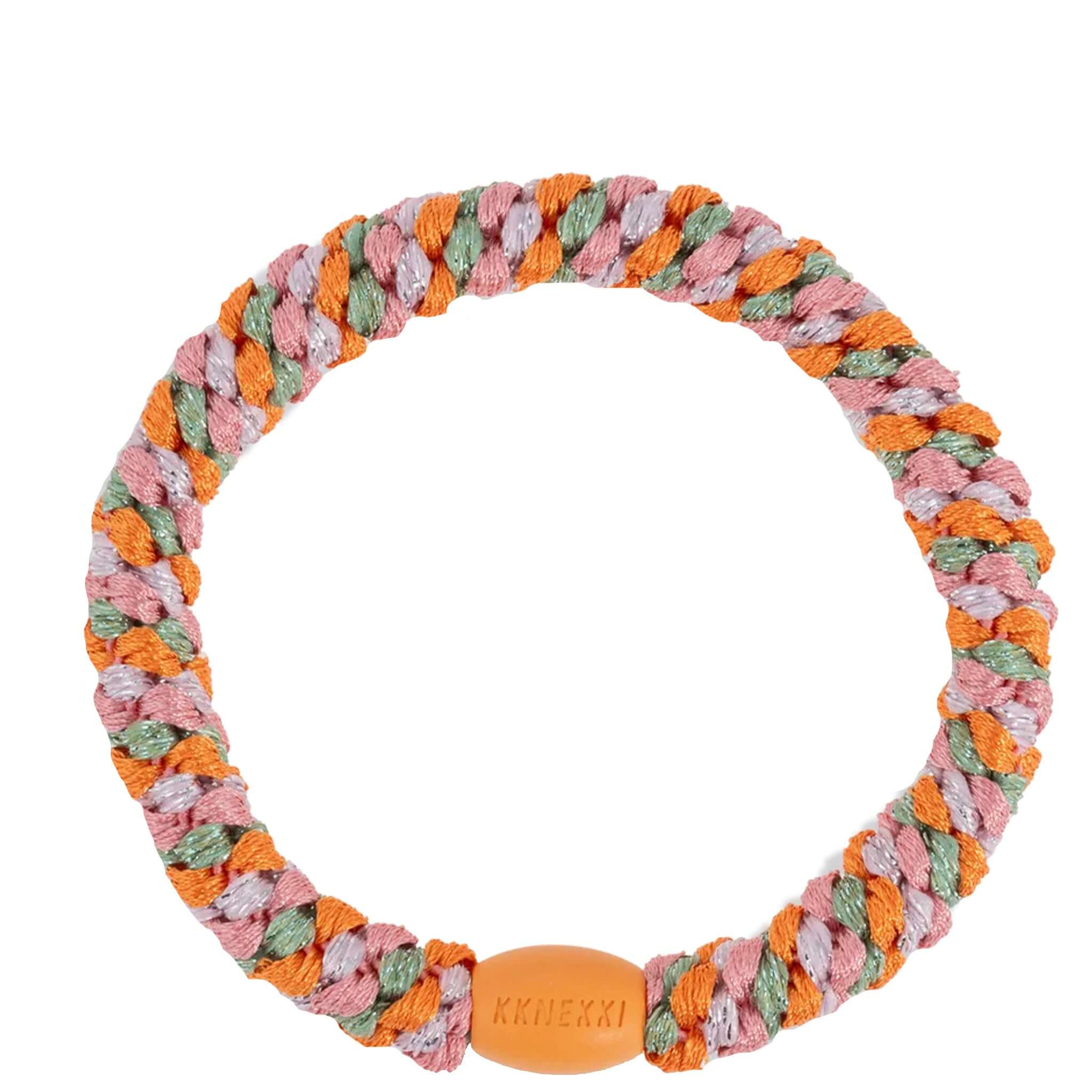 Alt Tag: Kknekki Hair Tie - Mix Orange Pistachio Glitter woven waterproof hair tie with recycled bead, no-damage strong hold