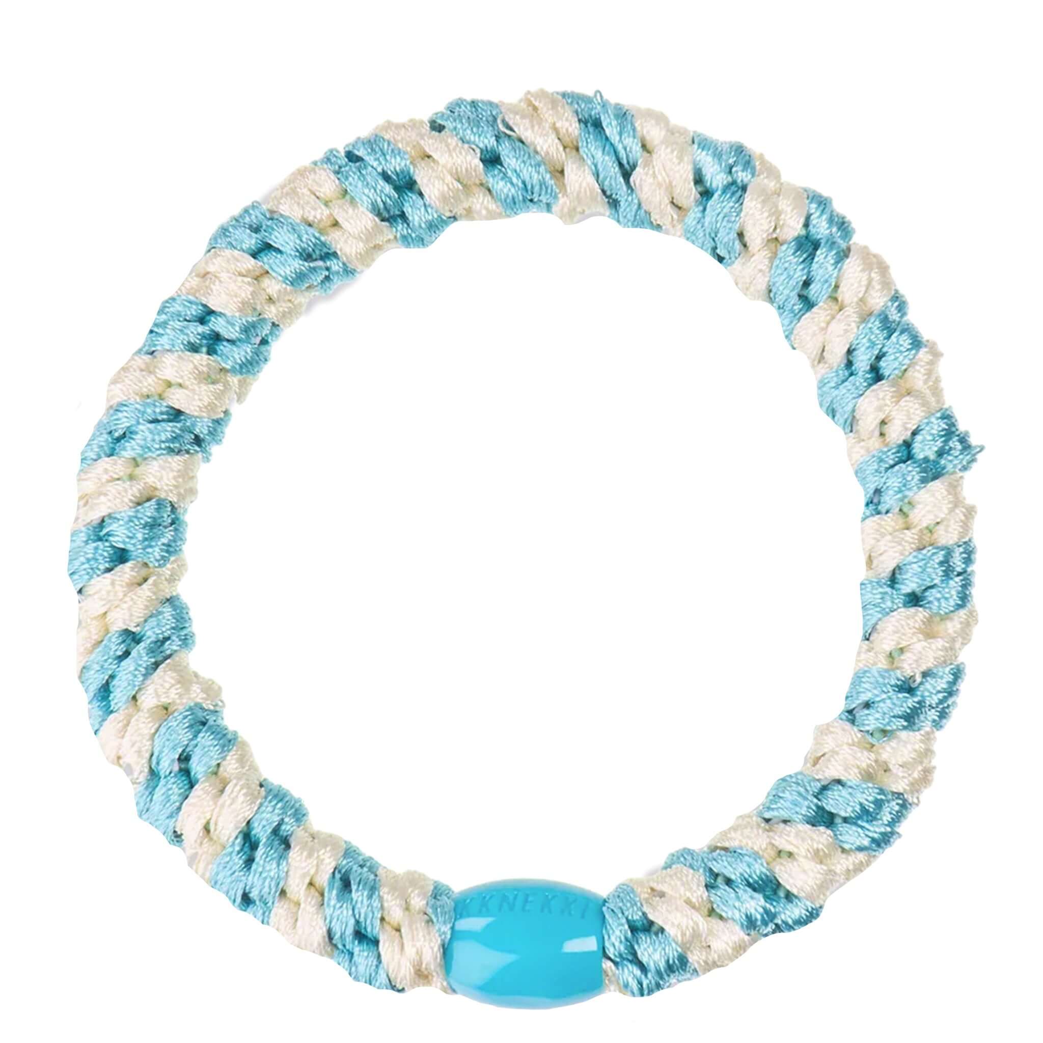 Kknekki Hair Tie - Ocean Ivory Stripe featuring a woven design in ocean blue and ivory, durable and no-damage hold.