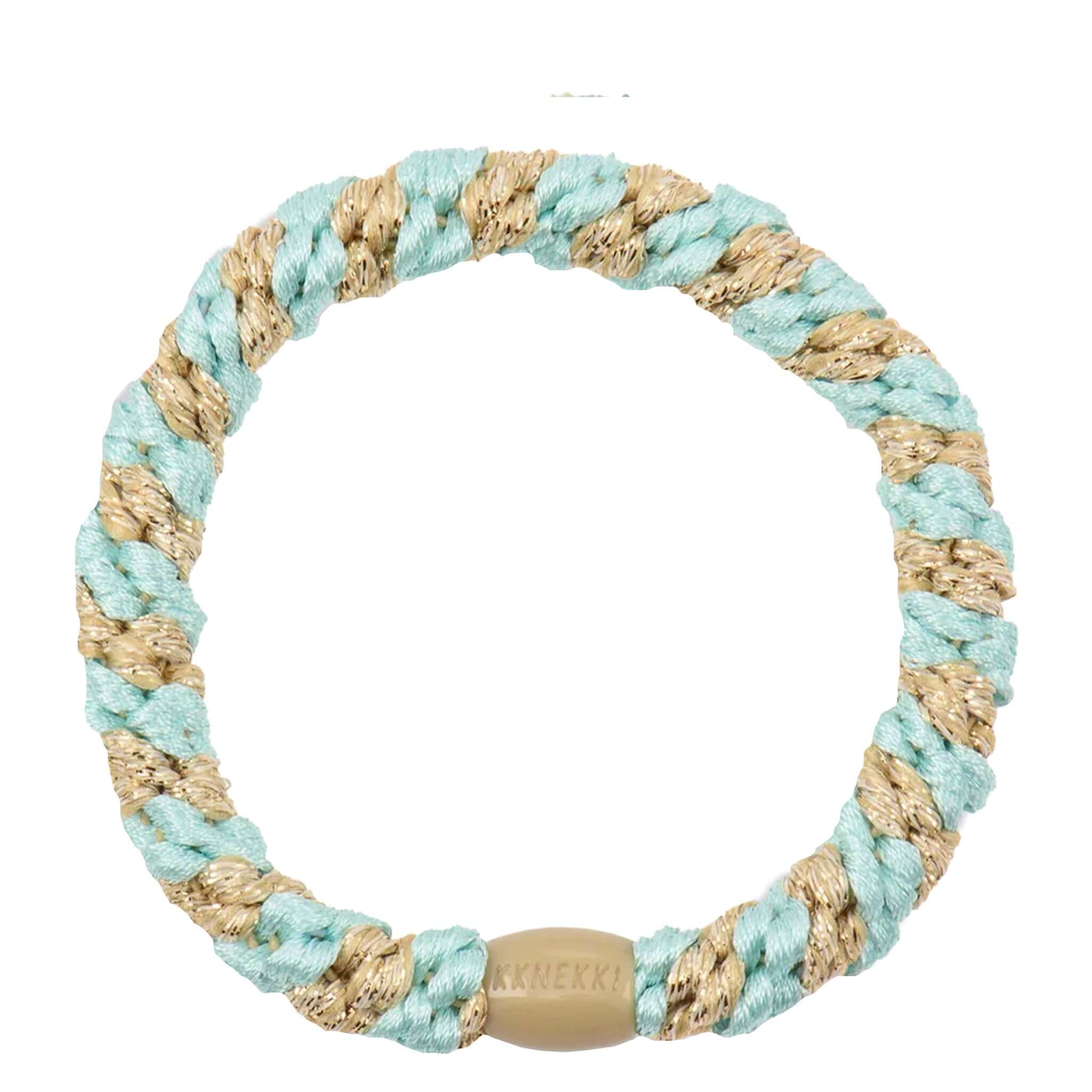 Kknekki Hair Tie - Peppermint Beige Glitter Stripe featuring a woven design in mint and beige.