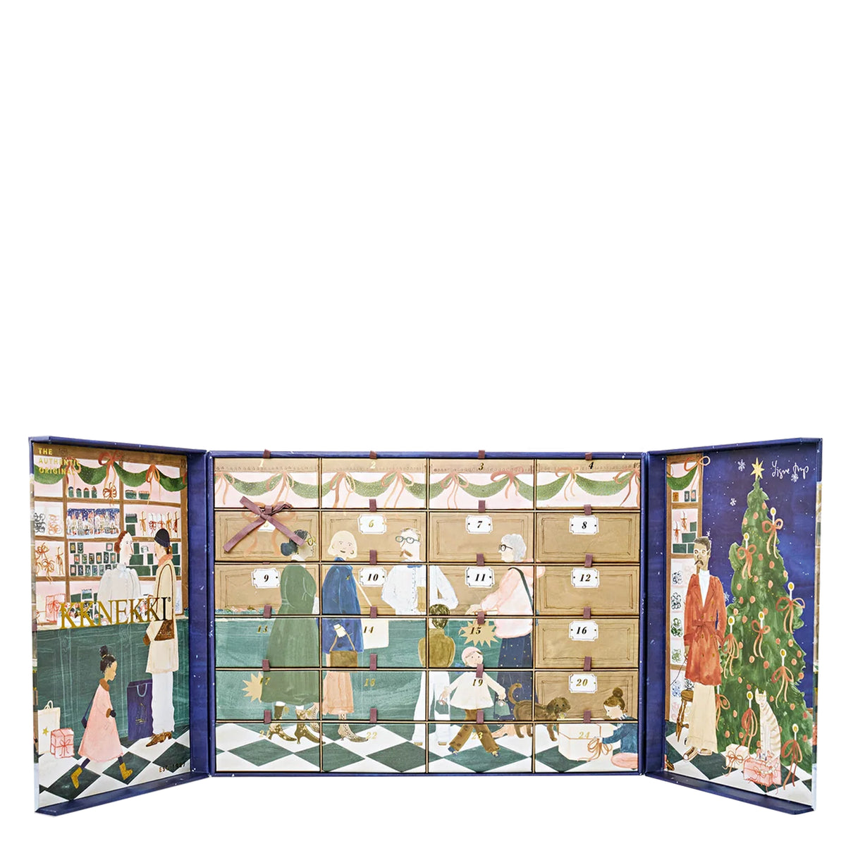 Kknekki Hair Tie 2026 Christmas Calendar, doors open showing numbered drawers and illustrated shop scene