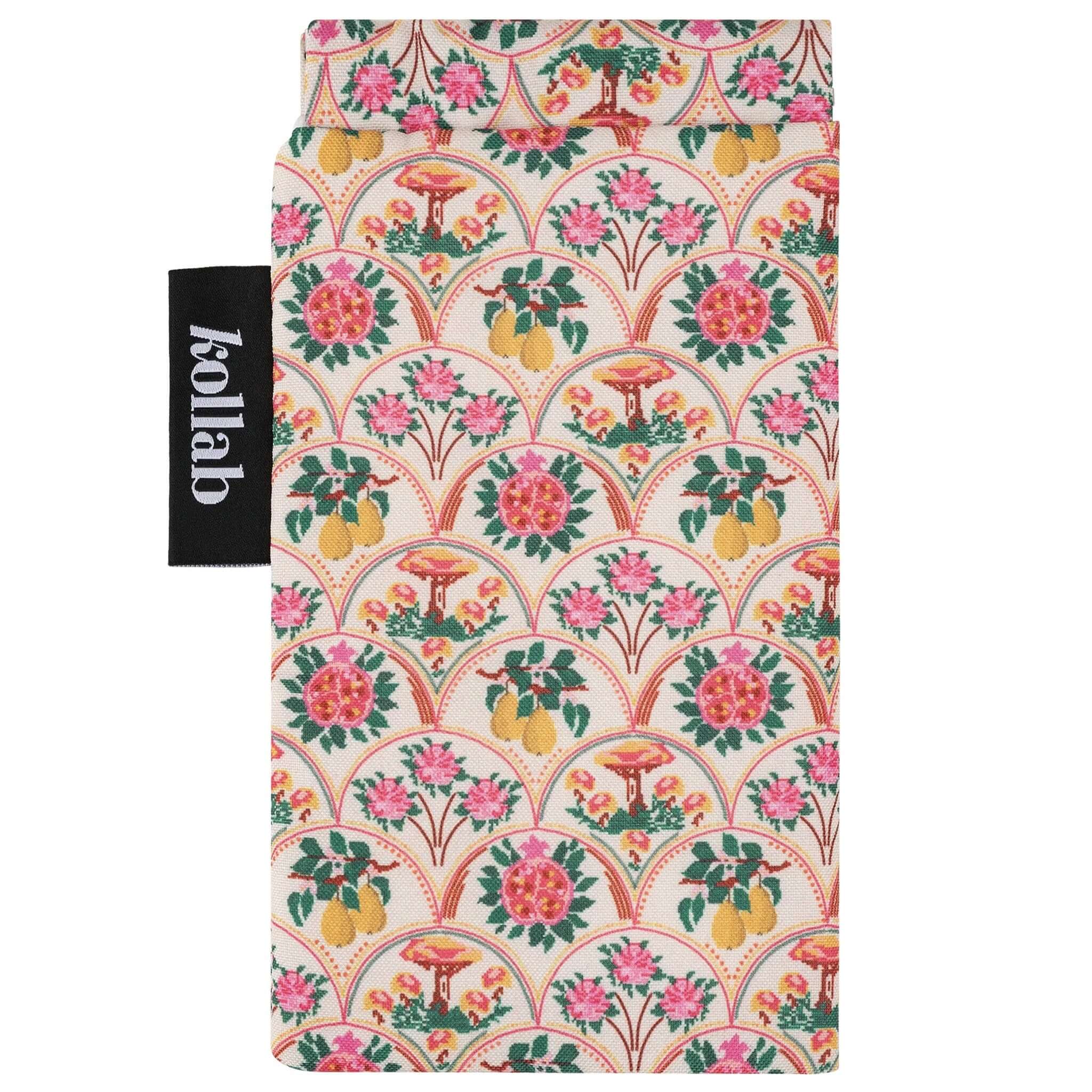 Patterned glasses case with 'Kollab' branding on a white background