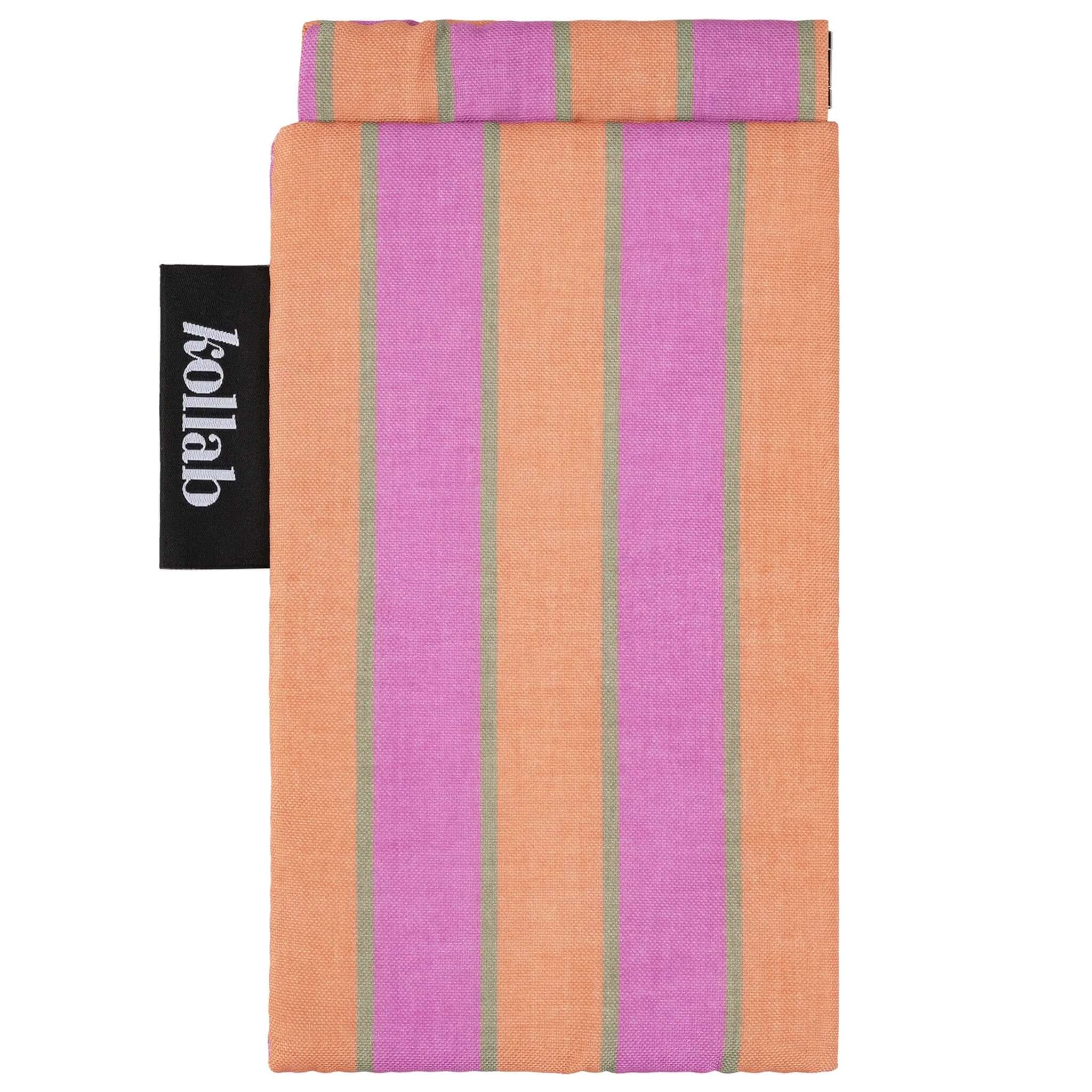 Soft glasses case with pink and orange stripes and 'kollab' branding on a white background