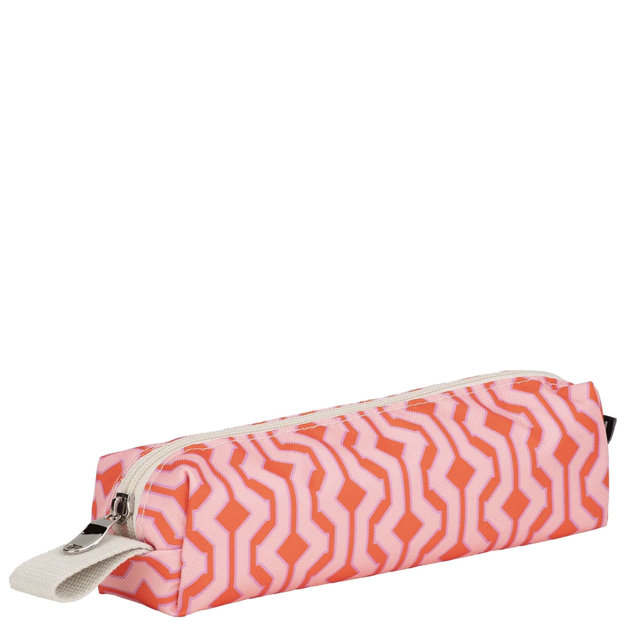 Pink and orange patterned pencil case on a white background
