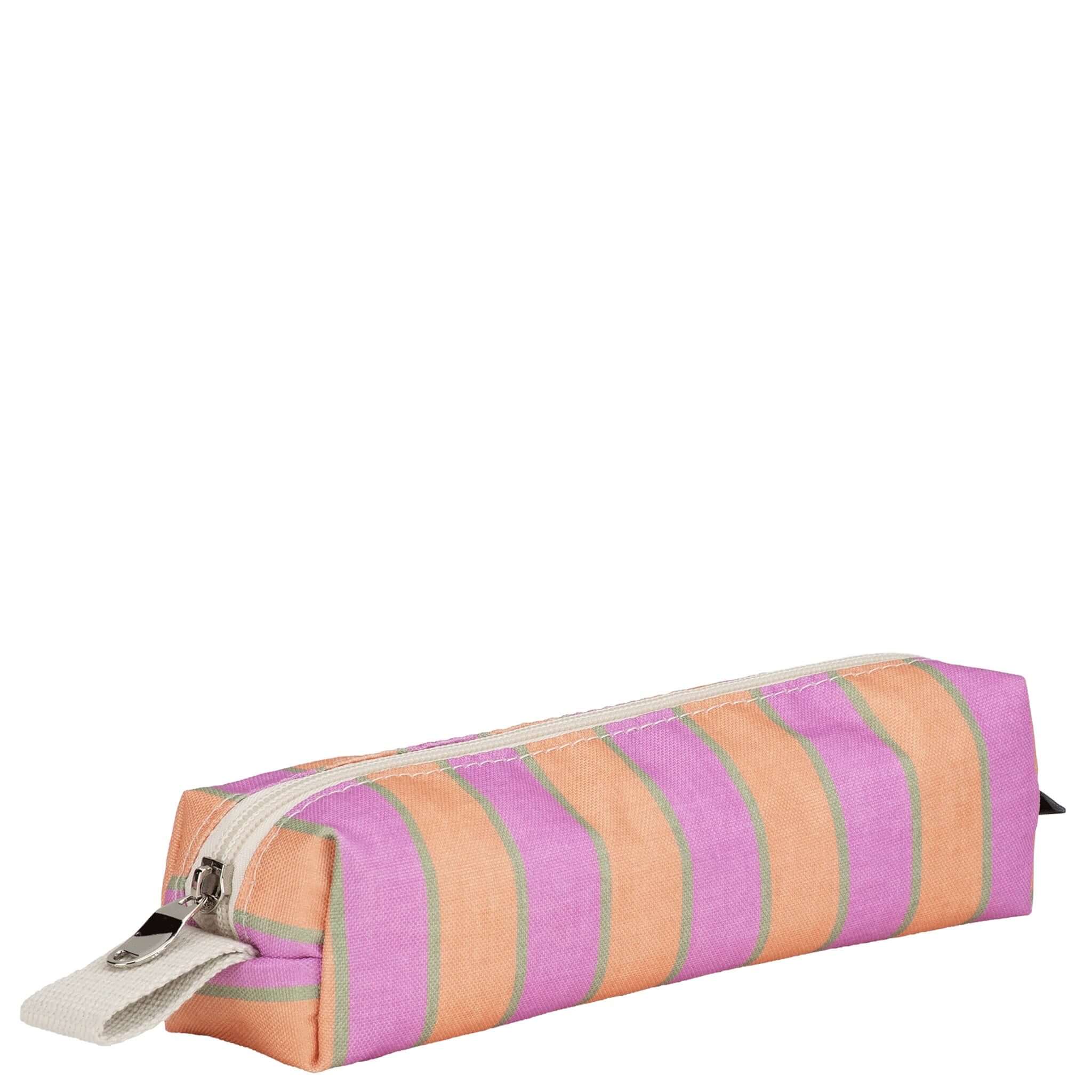 Striped pencil case with a zipper on a white background