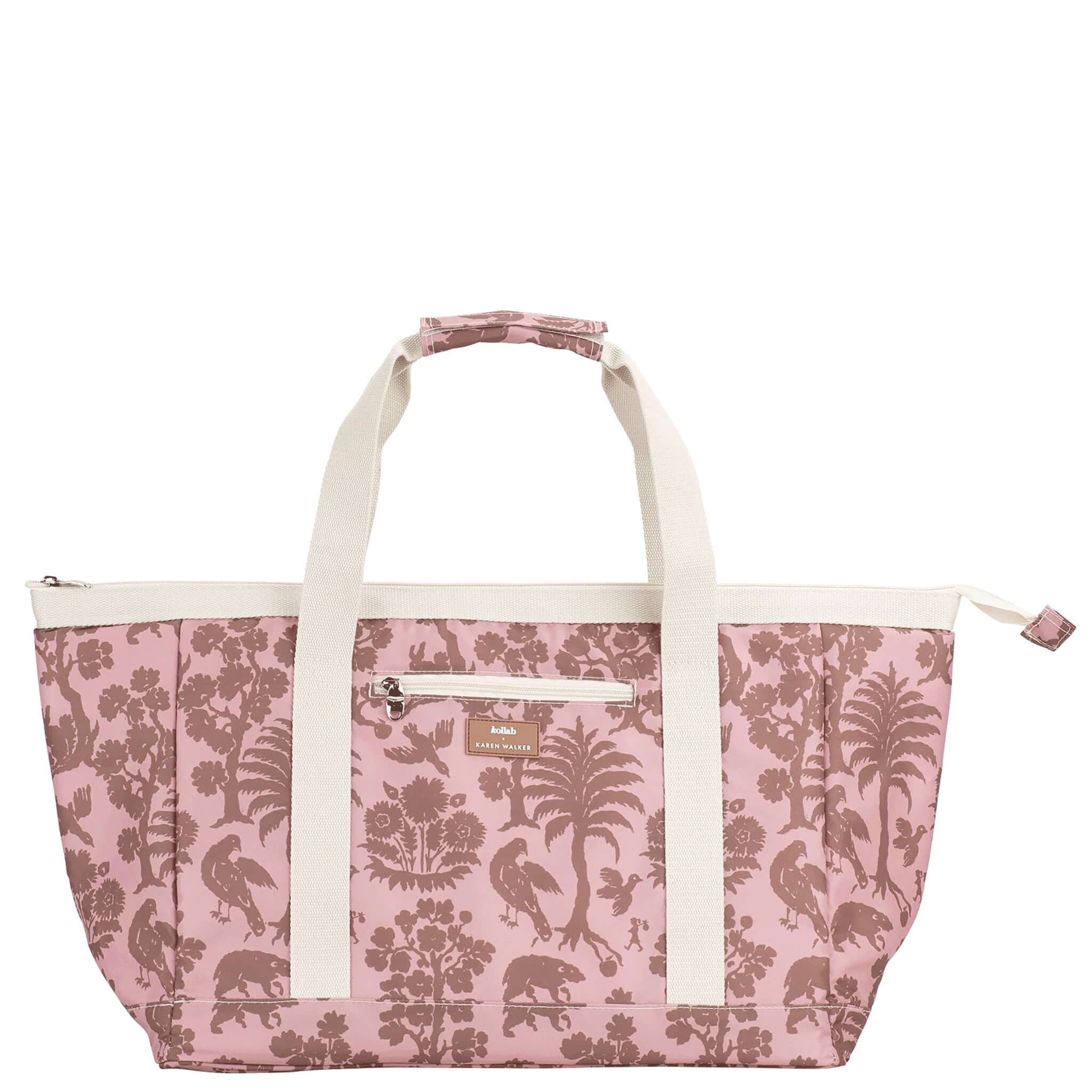 Alt Tag: Kollab x Karen Walker Tote Bag - Animal Kingdom pink Animal Kingdom print holiday tote bag with cream straps and zip pocket