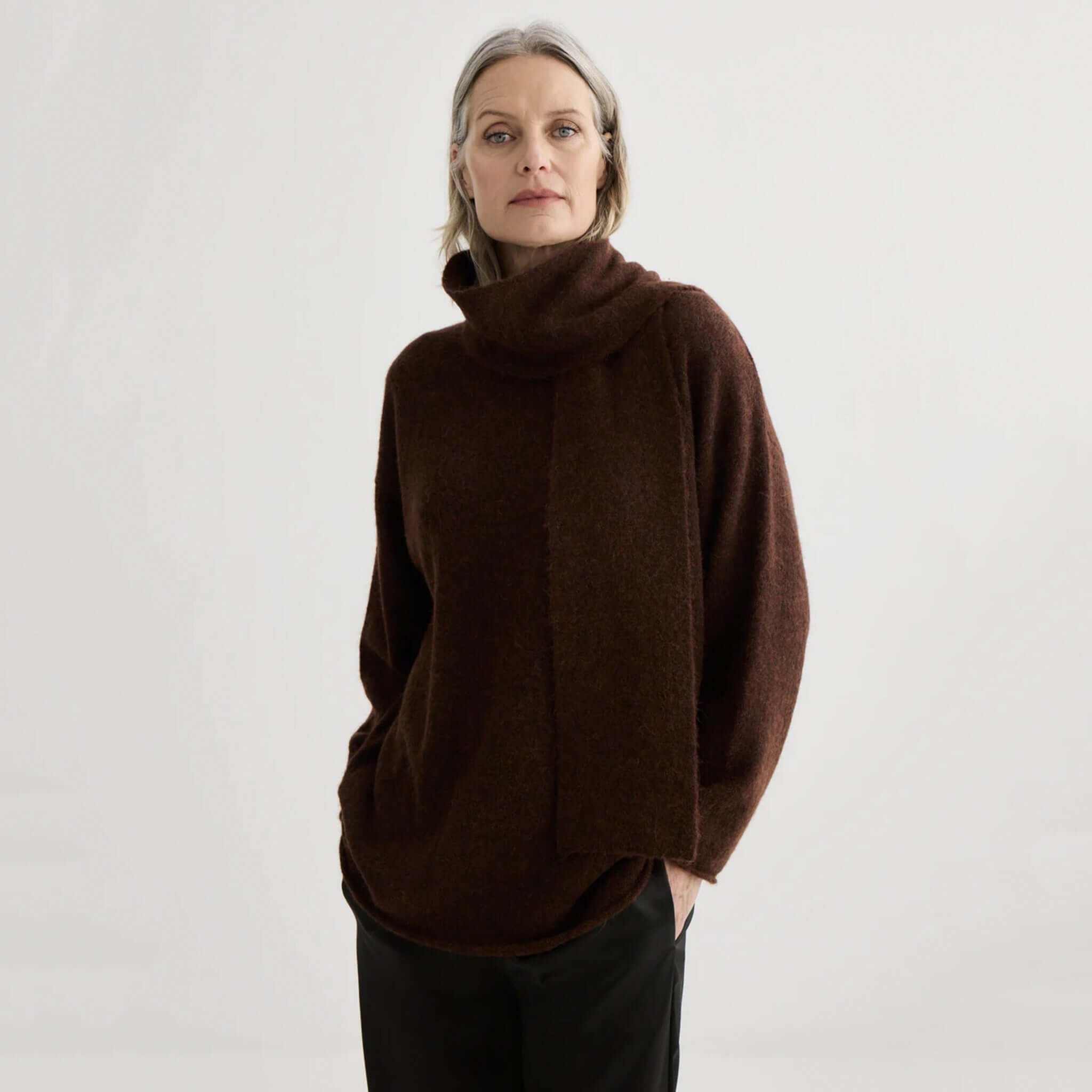 Alt Tag: Laing Alpaca Sweater with Tie - Mahogany Marle on model, soft alpaca blend knit with detachable tie in rich mahogany marle