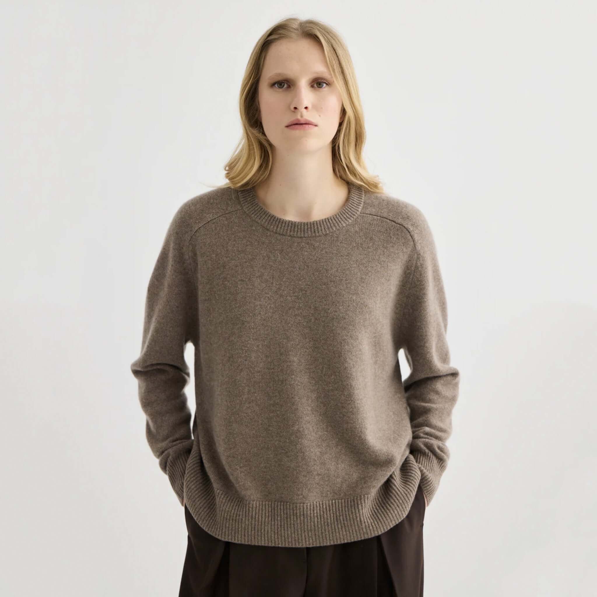 Laing Cashmere Oversized Crewneck - Cocoa Marle on model, relaxed oversized 100% Grade A cashmere crewneck sweater with ribbed trim