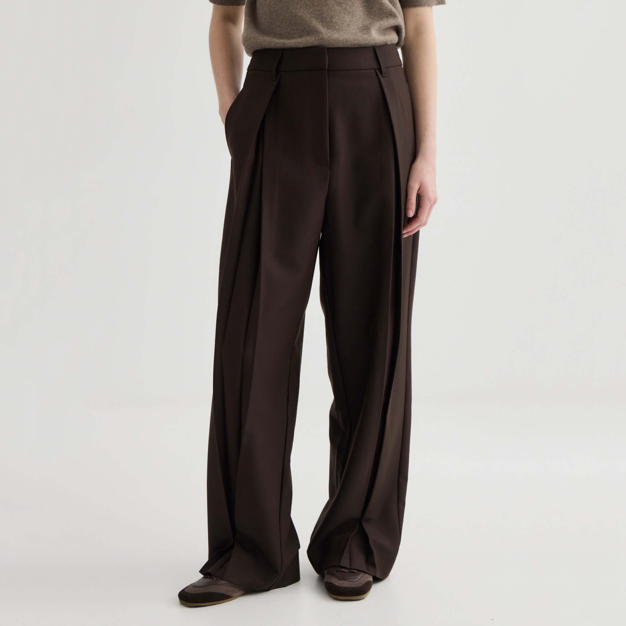 Alt Tag: Laing Invert Pleat Pants - Truffle women’s wide-leg trousers with inverted pleats, high-rise tailored fit, fluid drape