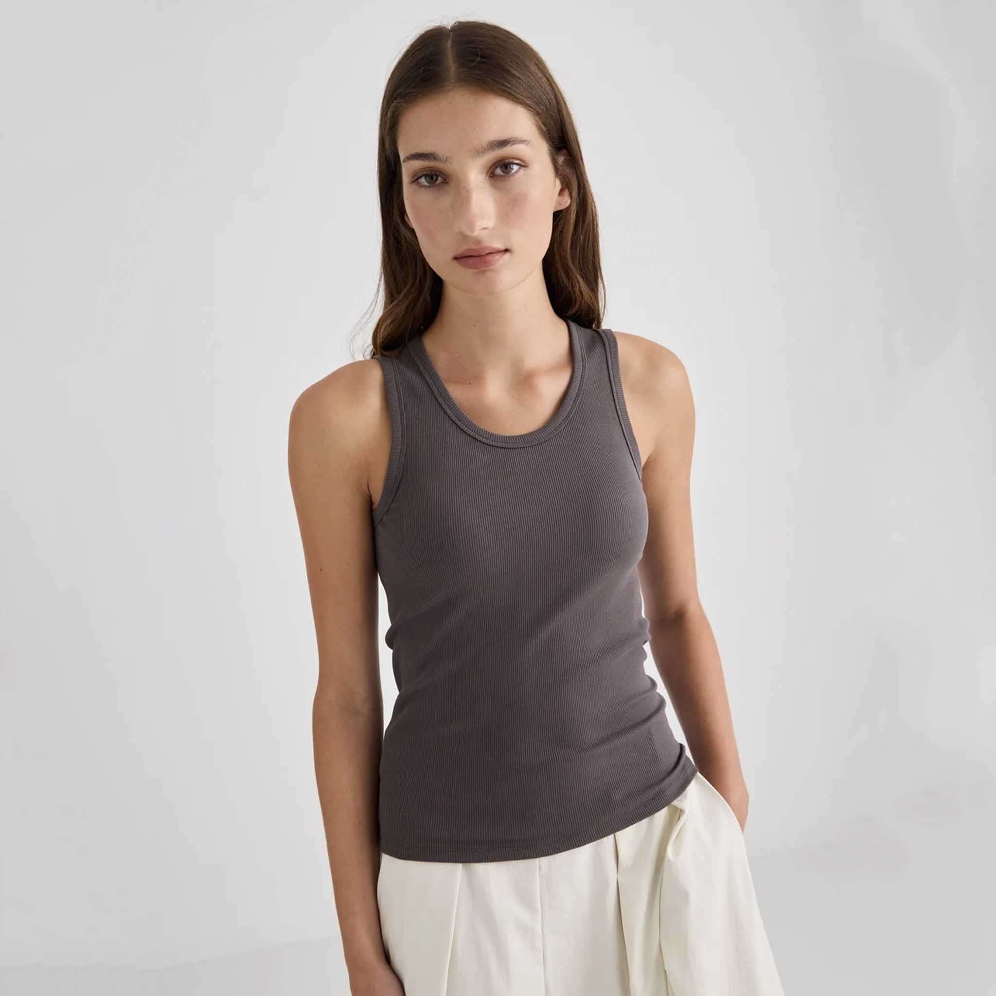 Laing Juna Ribbed Cotton Tank - Driftwood worn by model, showcasing its versatile design and earthy color.