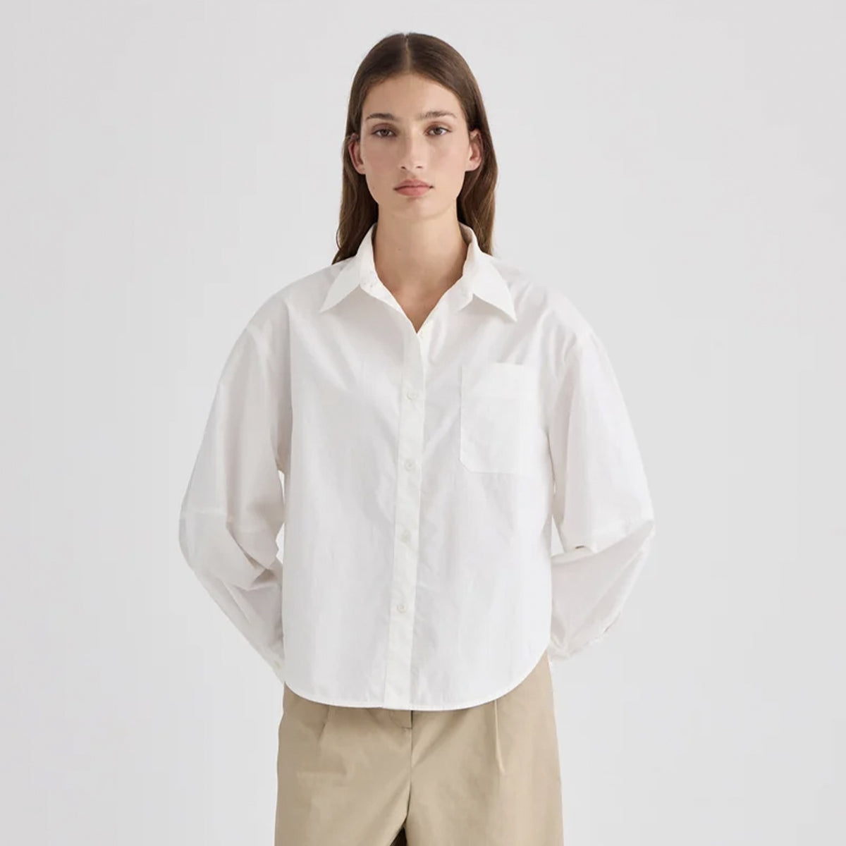 Laing Marlowe Cotton Poplin Shirt - Ecru, white cotton poplin shirt with balloon sleeves, front view
