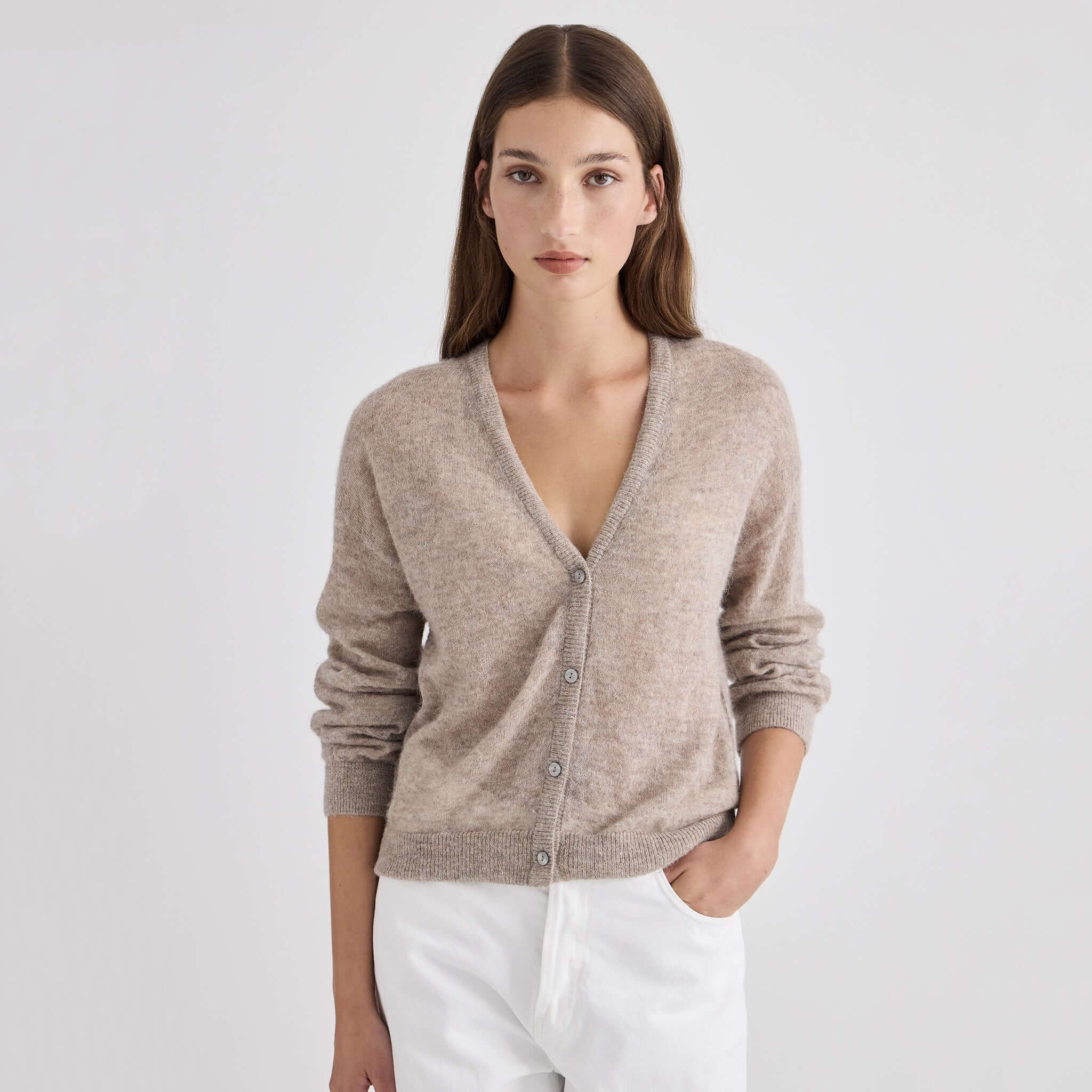 Laing Mila Alpaca & Merino Cardigan - Hazel worn by model, soft blend cardigan for stylish layering.