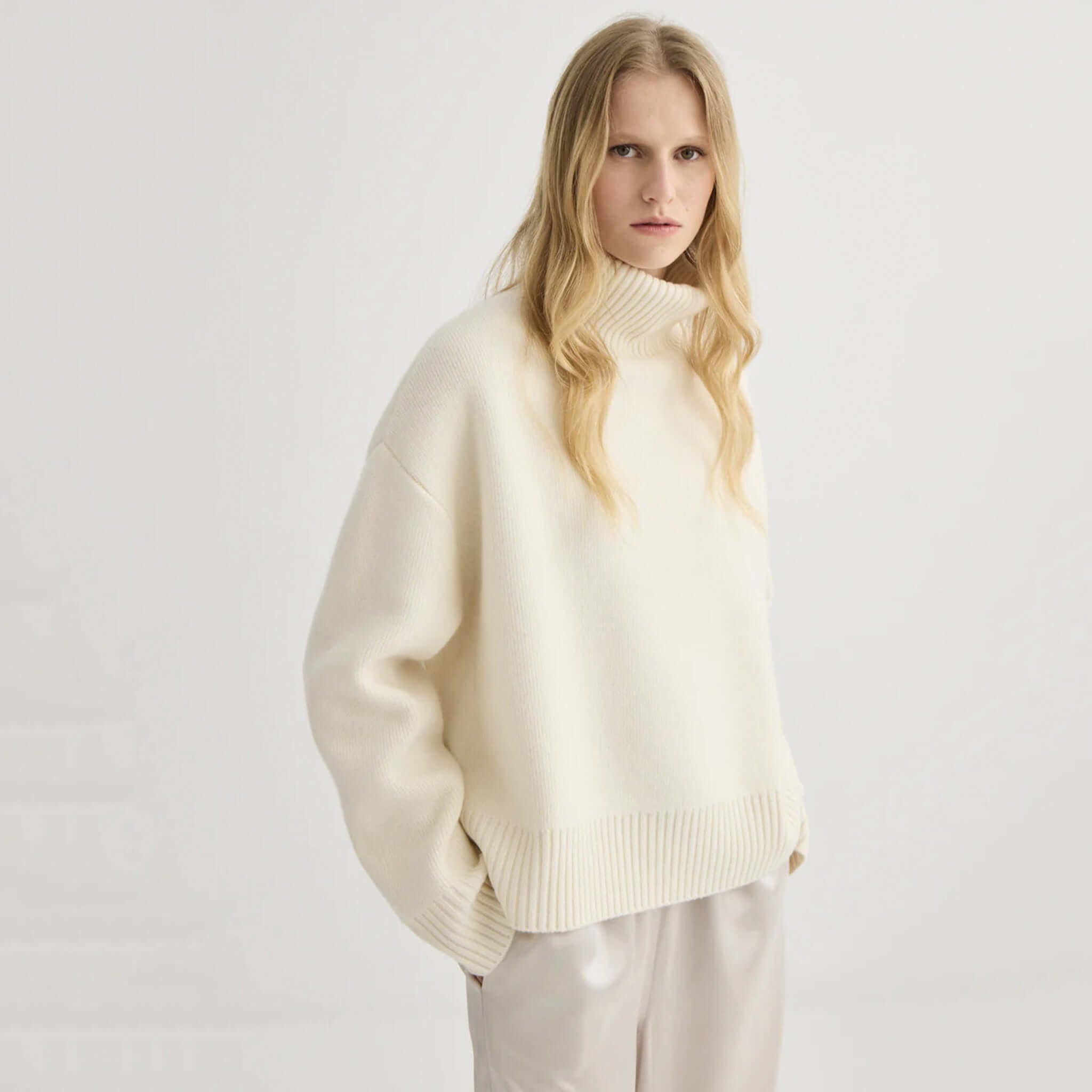 Laing Nico Merino Oversized Sweater - Cream in a cozy, slouchy fit with a turtleneck and ribbed cuffs, perfect for winter.