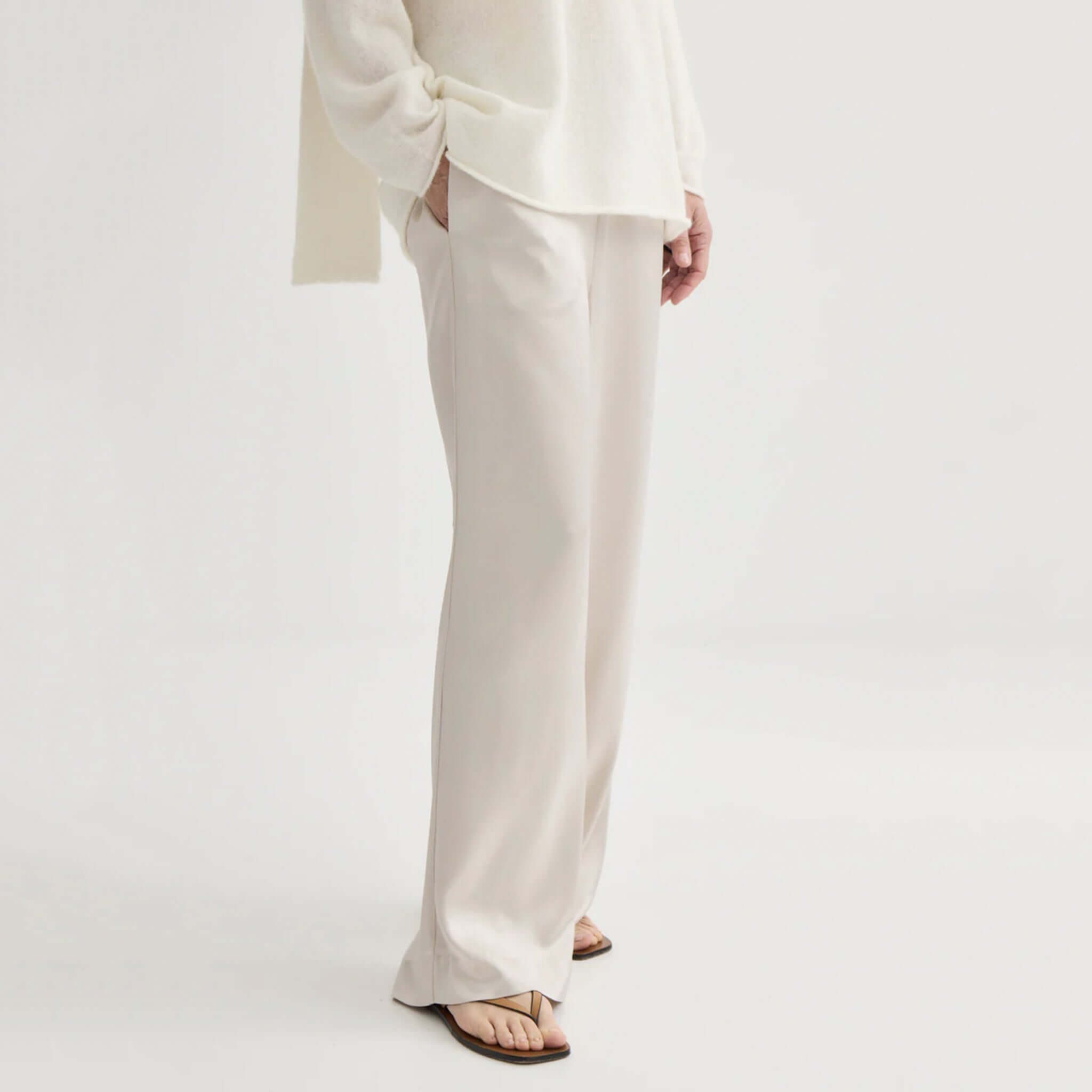 Laing Satin Relaxed Pants - Champagne wide leg satin trousers in soft champagne tone, elegant drape and relaxed fit