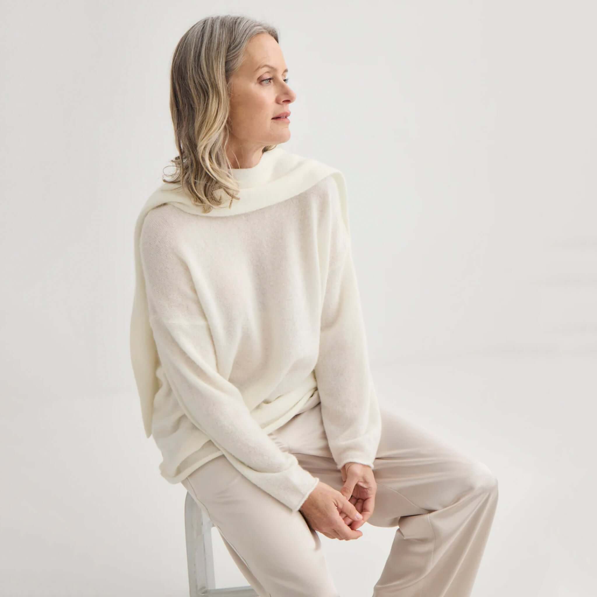 Alt Tag: Laing Alpaca Sweater with Tie - Ivory lightweight alpaca blend knit sweater with tie waist, soft relaxed luxury in ivory
