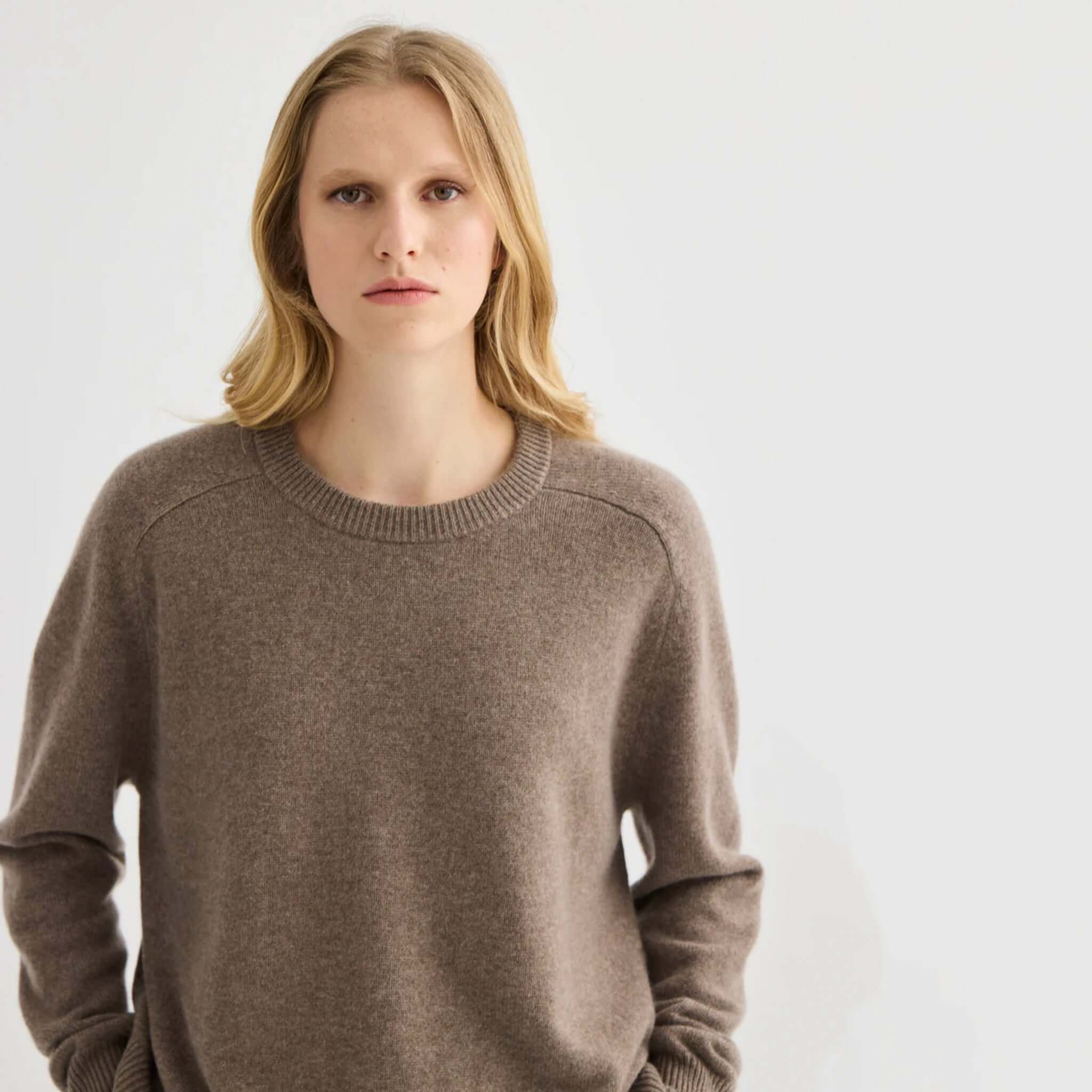 Alt Tag: Laing Cashmere Oversized Crewneck - Cocoa Marle oversized 100% Grade A cashmere crewneck sweater with dropped shoulders
