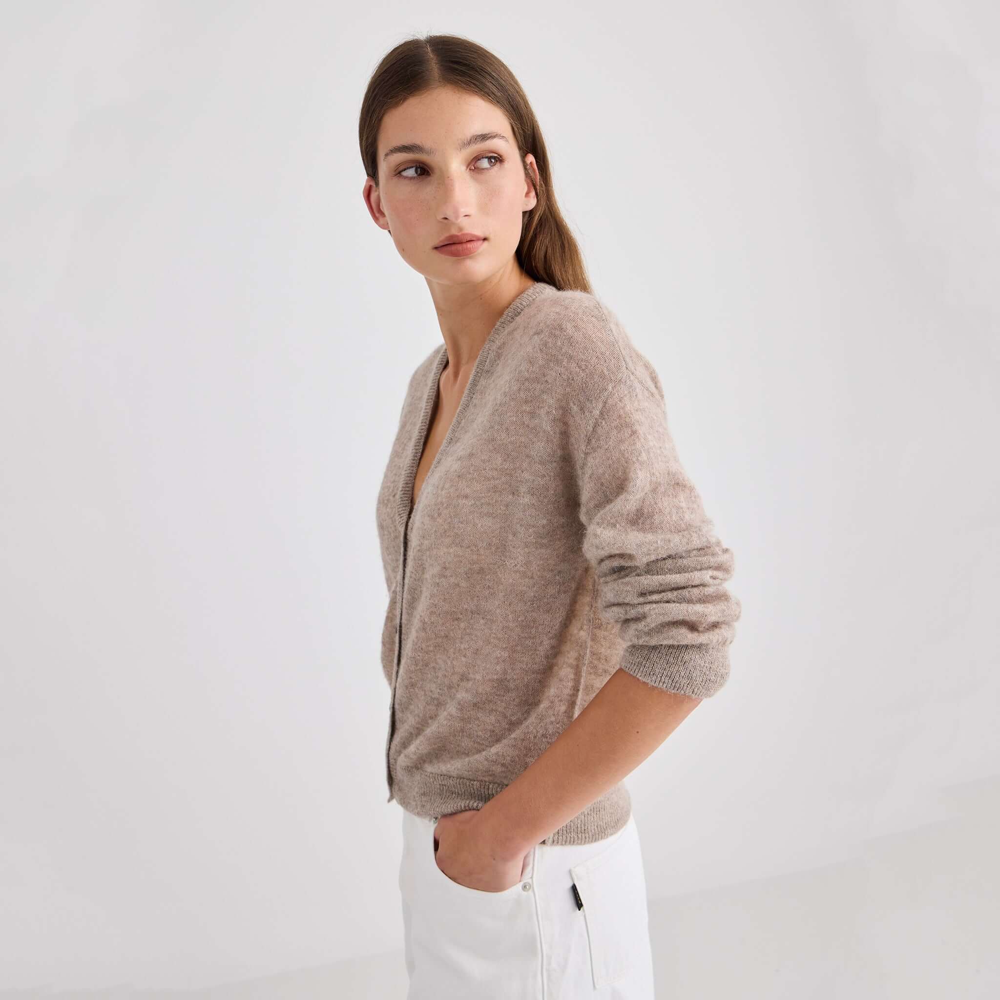Laing Mila Alpaca & Merino Cardigan - Hazel worn by model with side profile and relaxed fit.