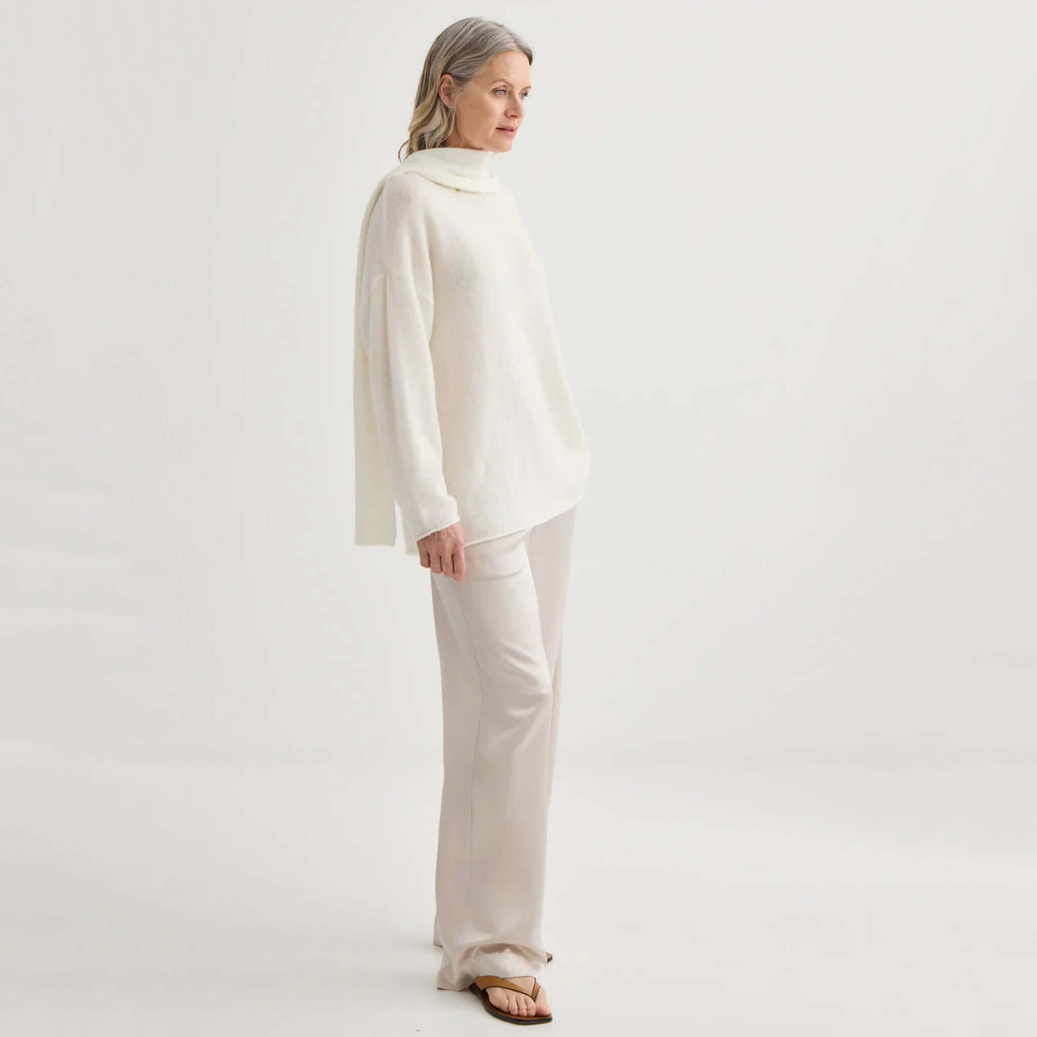 Laing Satin Relaxed Pants - Champagne on model, lustrous satin wide-leg trousers in soft champagne tone for elevated everyday style