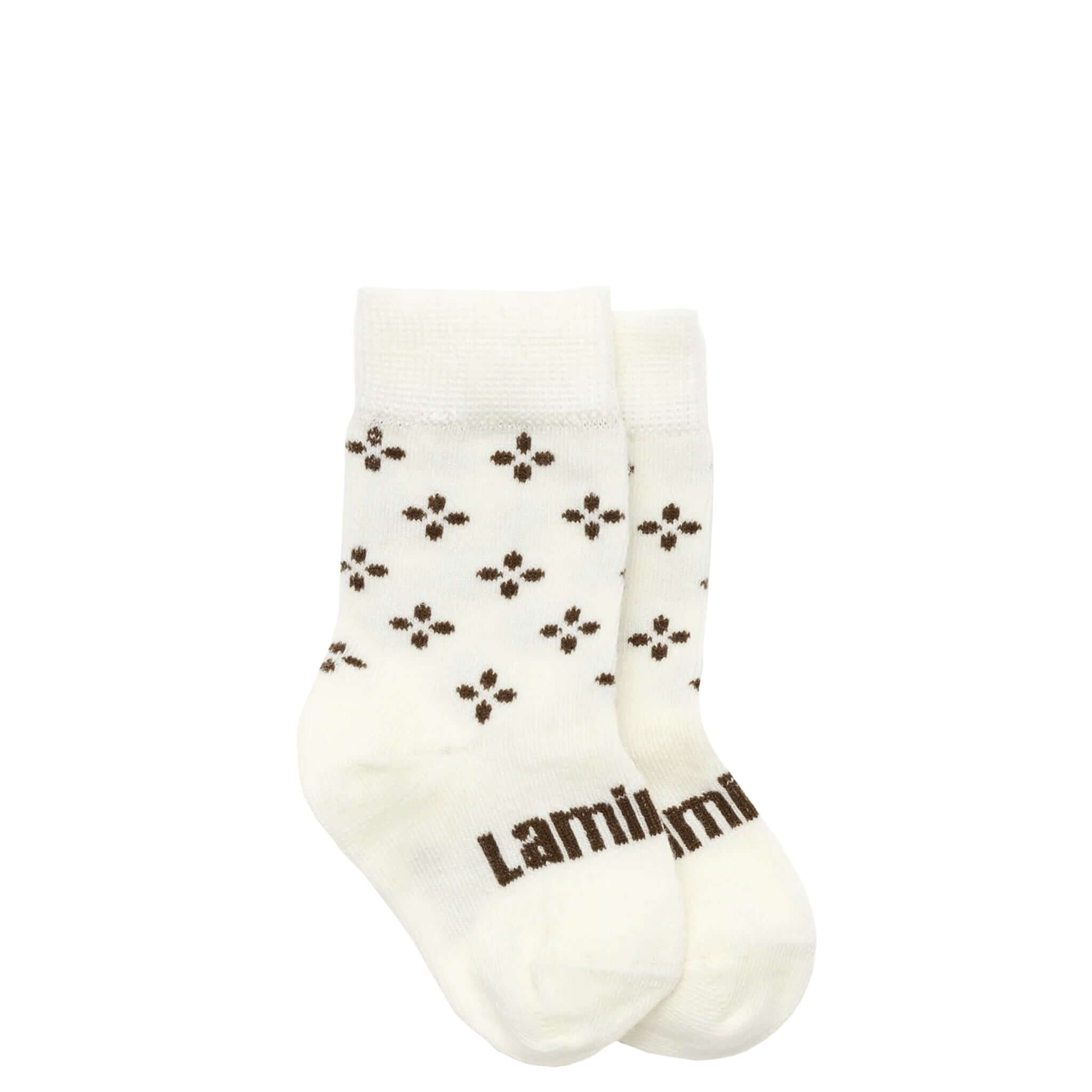Lamington Merino Crew Baby Socks - Autumn featuring cream base with brown four-petal flowers.