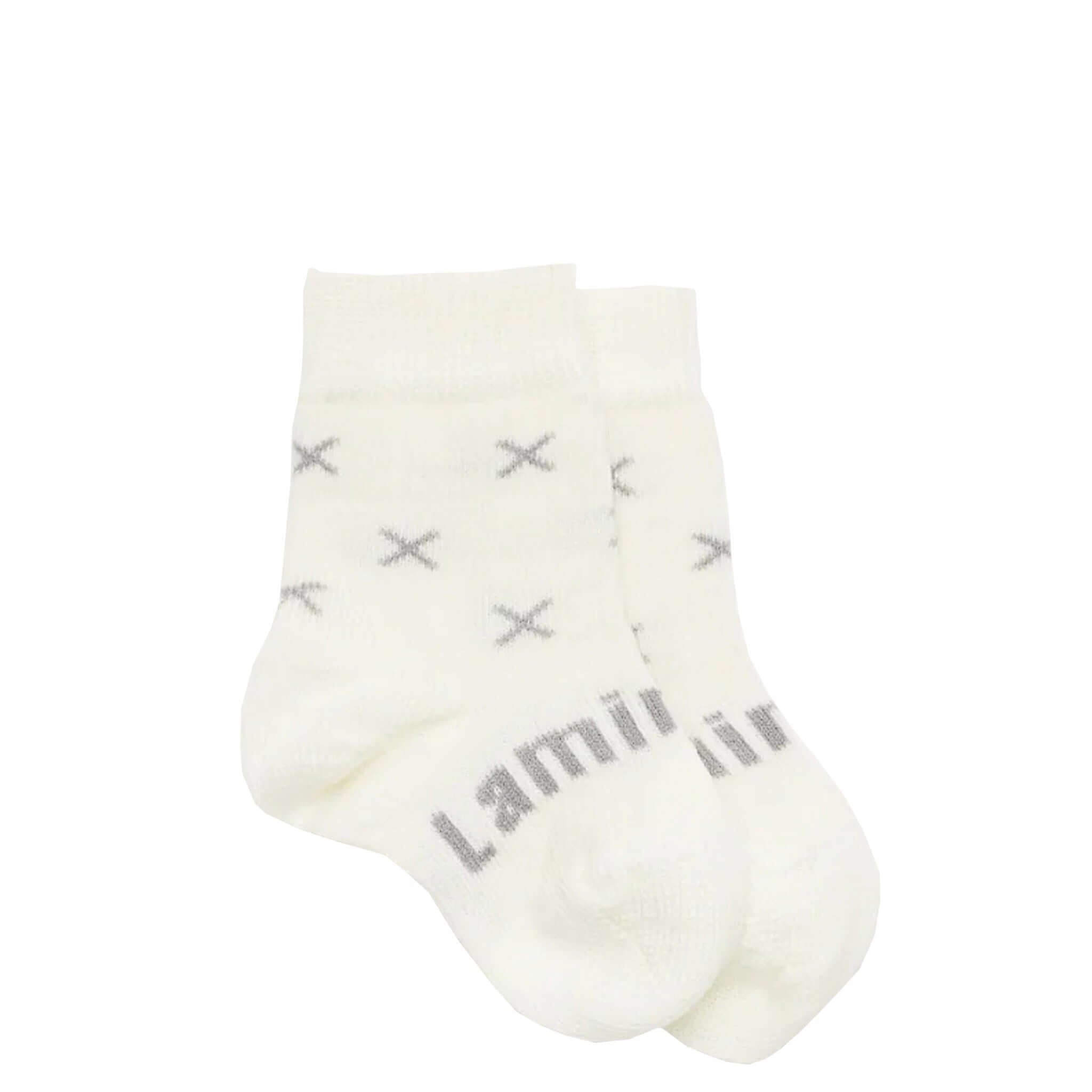 Lamington Merino Crew Baby Socks - Fox in cream with grey cross motifs, perfect for keeping tiny feet warm.