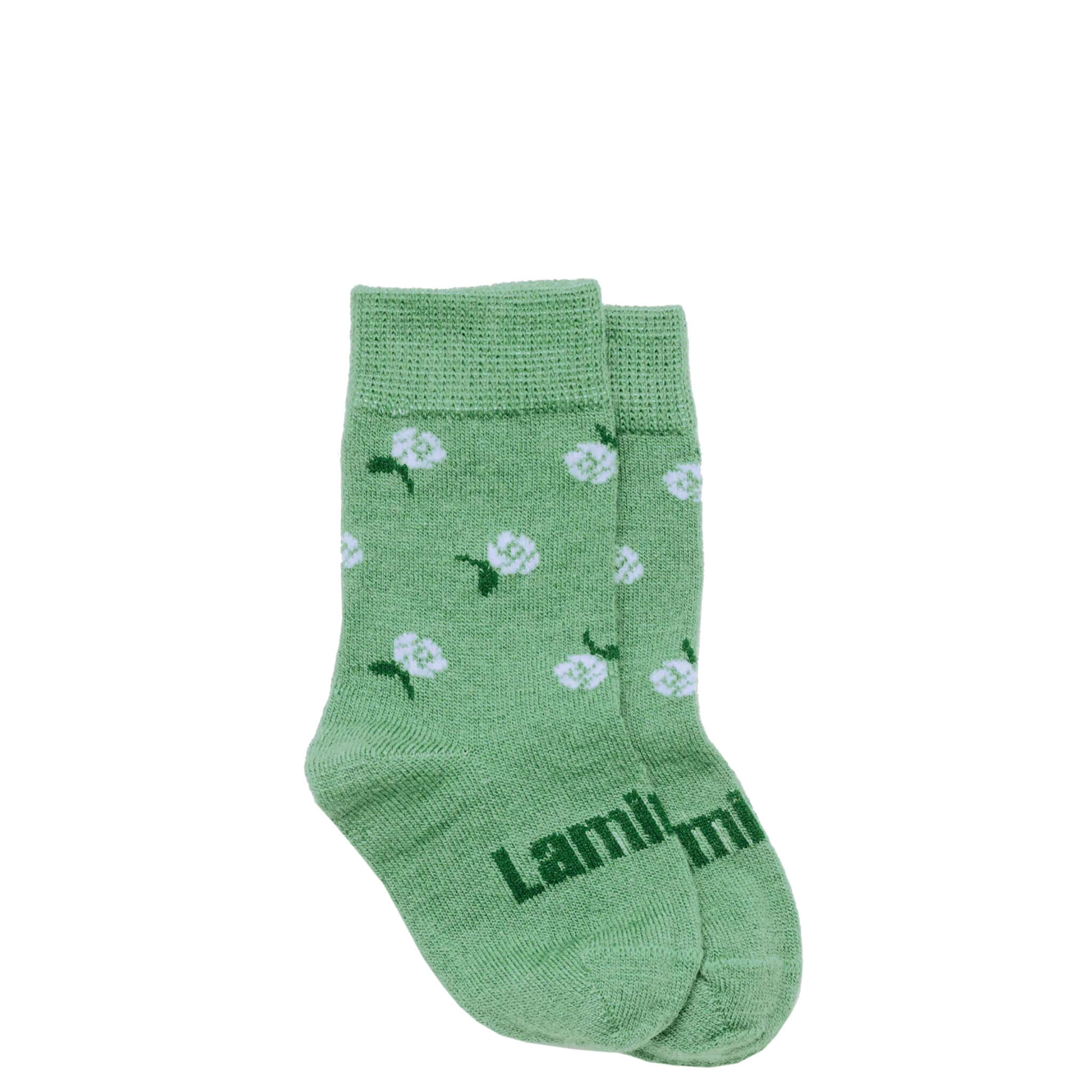 Lamington Merino Crew Baby Socks - Heather in soft sage green with white roses and dark green stems.