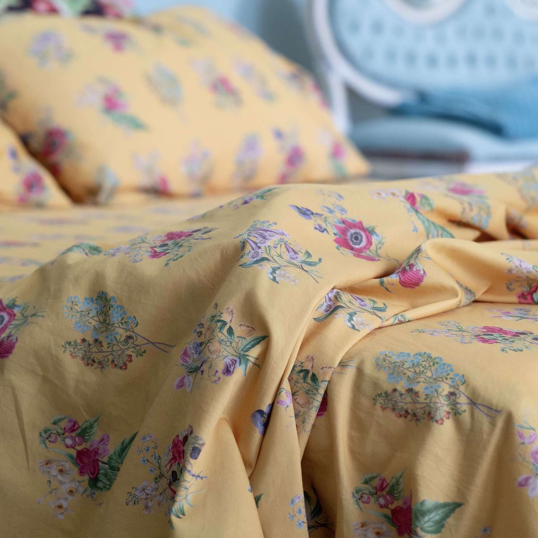 Lazybones Organic Cotton Bedlinen Set - Summerland mustard yellow botanical print organic cotton sheet and pillowcase set