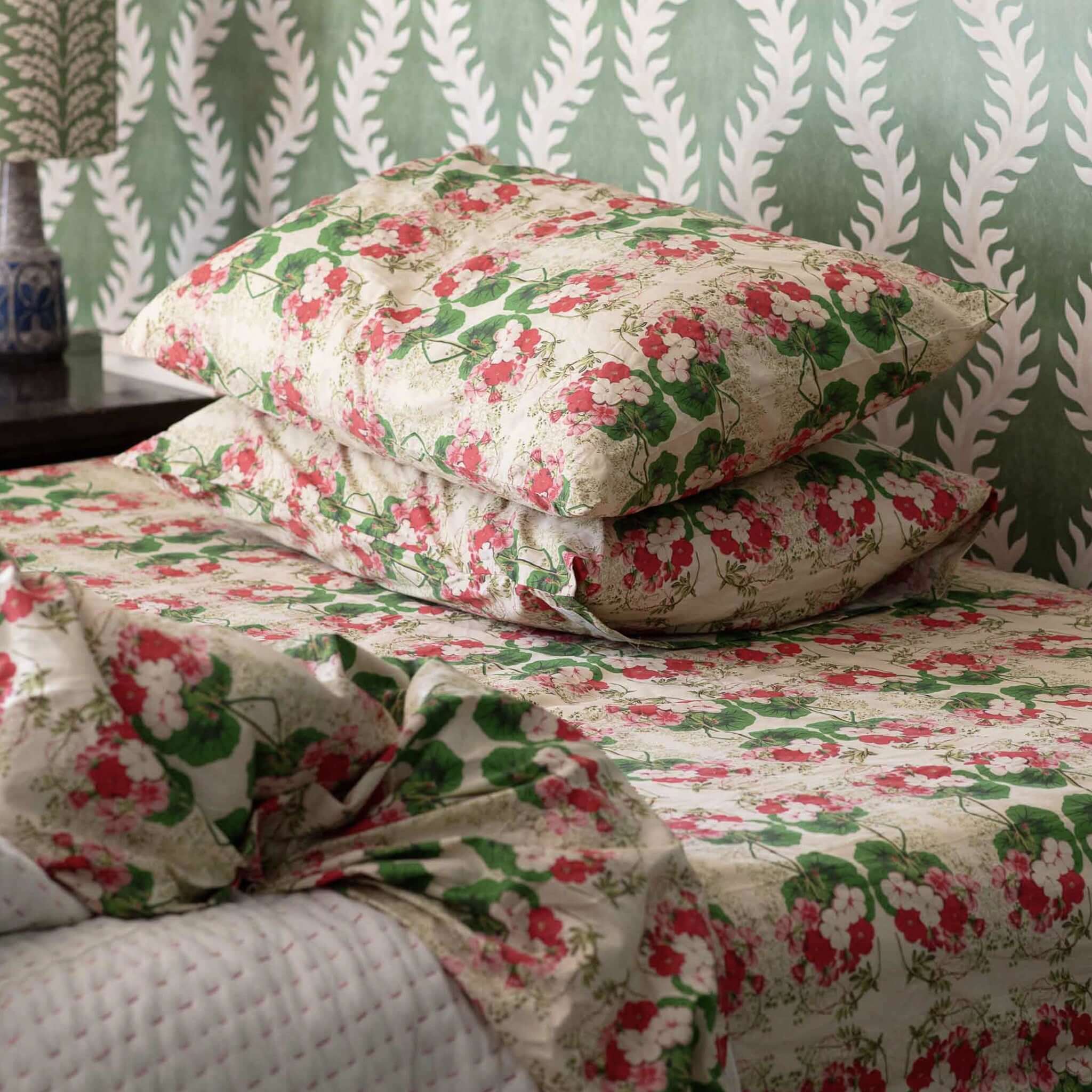 Alt Tag: Lazybones Organic Cotton Bedlinen Set - Pelargonium floral organic cotton sheets with matching pillowcases, botanical pelargonium print