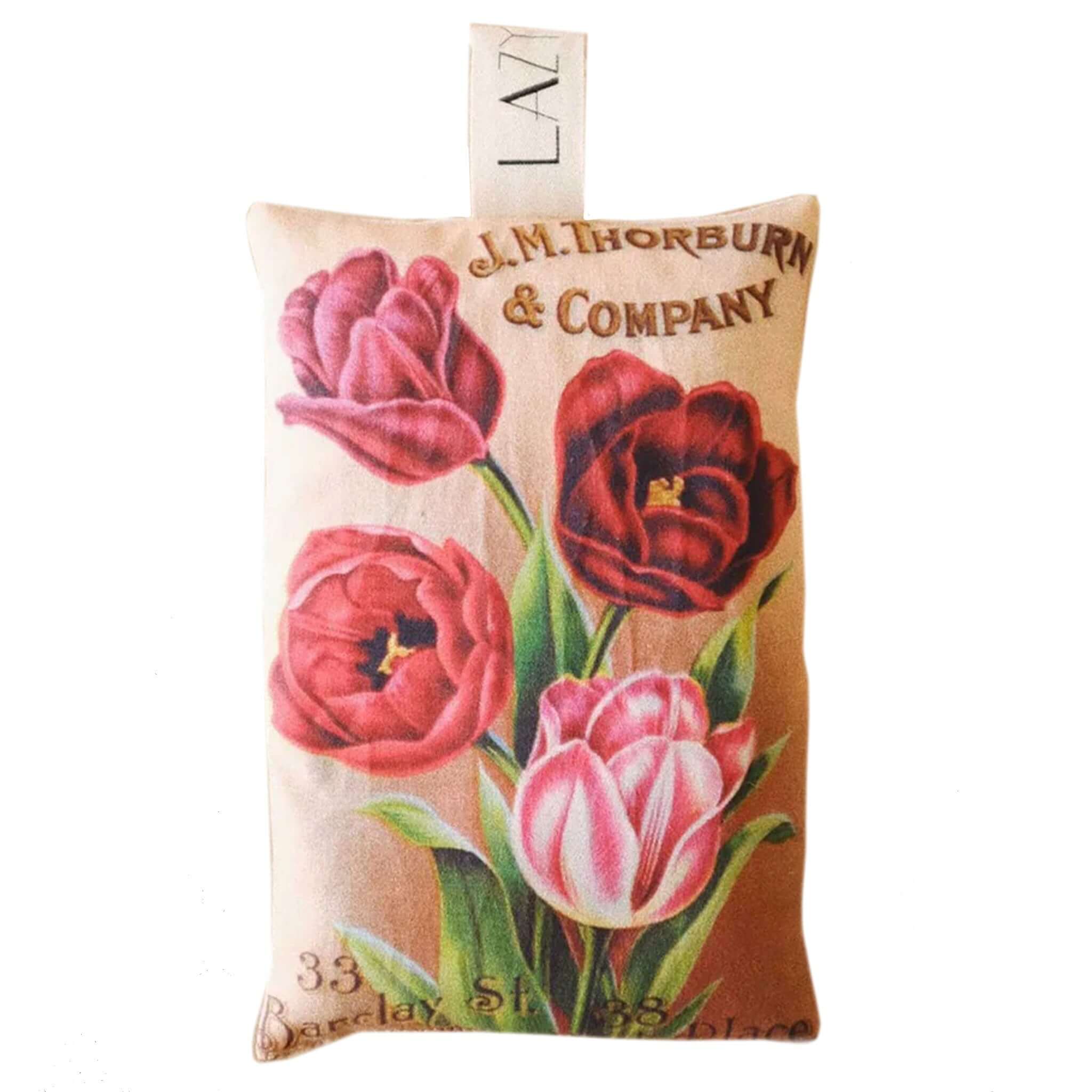 Alt Tag: Lazybones Scented Drawer Sachet vintage flower seed packet print with tulips, French lavender scented organic cotton sachet