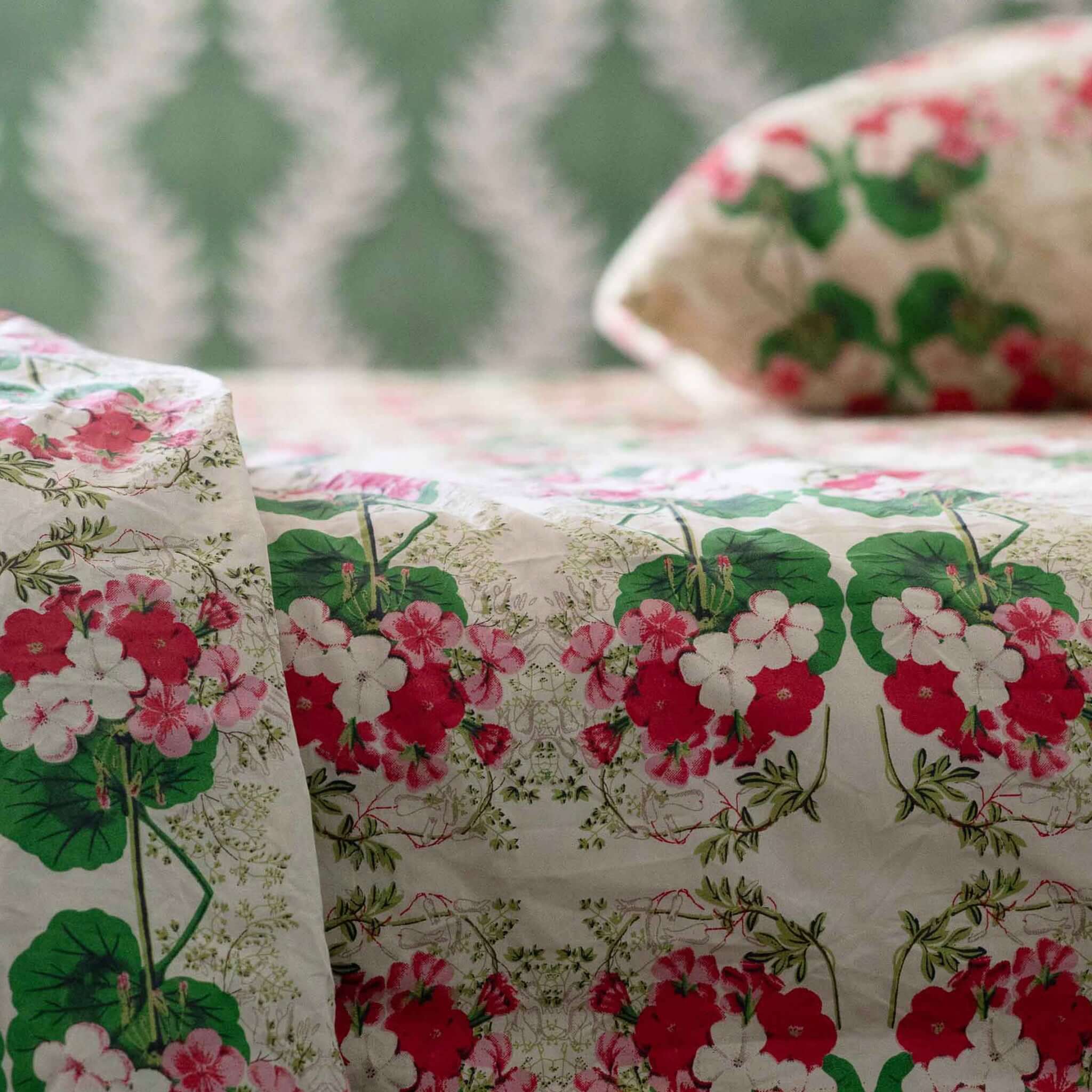 Alt Tag: Lazybones Organic Cotton Bedlinen Set - Pelargonium floral organic cotton sheet set with pelargonium print pillowcase and flat sheet